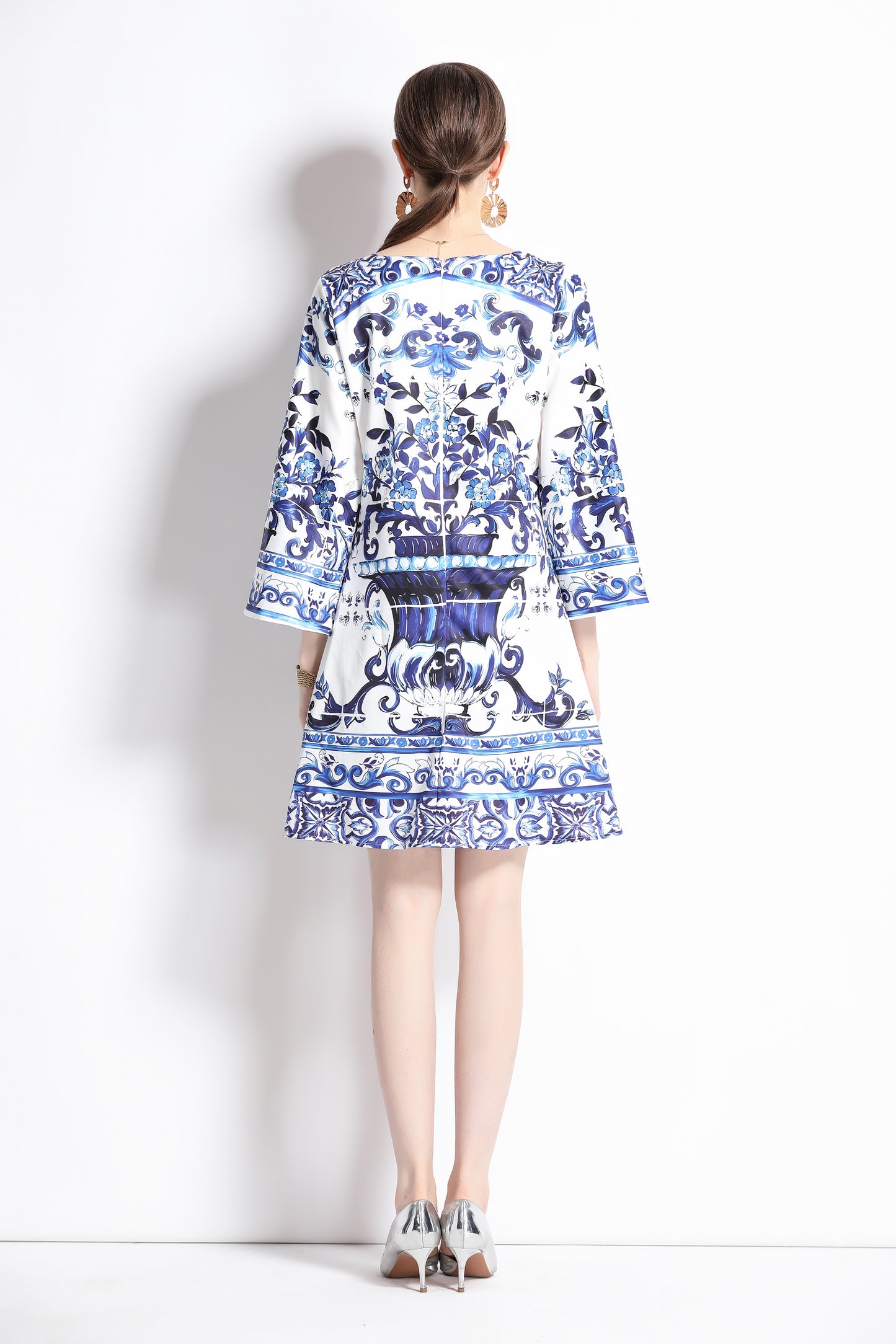 Women's Blue and White Porcelain Pattern Bell Sleeves Mini Dress - LAI MENG FIVE CATS