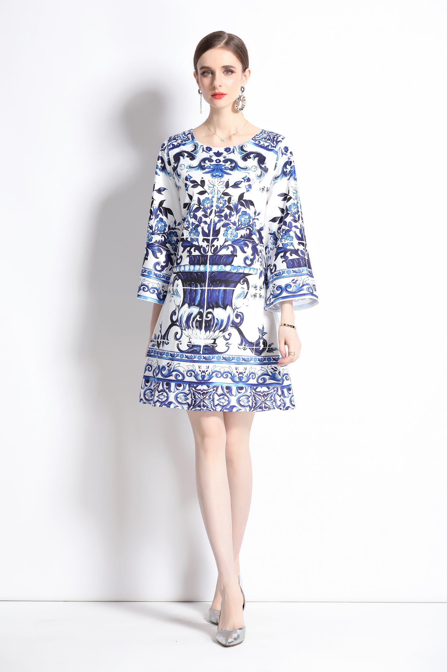 Women's Blue and White Porcelain Pattern Bell Sleeves Mini Dress - LAI MENG FIVE CATS