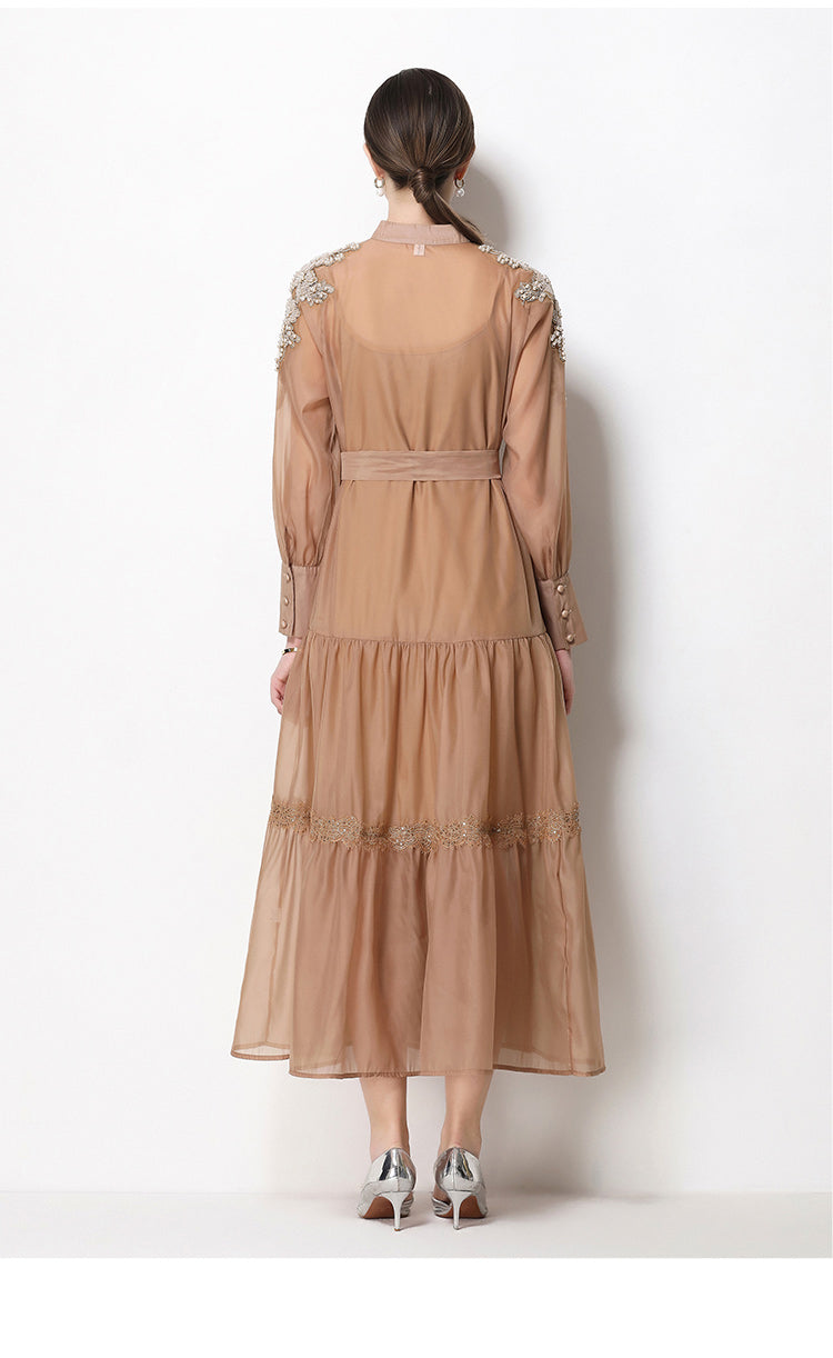 Elegant Bead Embroidery Loose Button Belted Maxi Dress - LAI MENG FIVE CATS