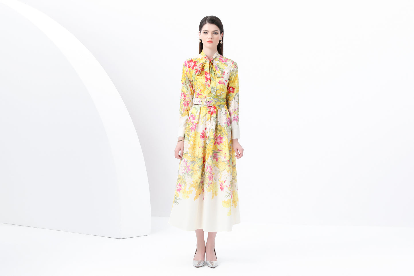 BK-Floral print Tie Neck Maxi Dress