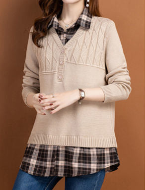 Women's V Neck Plaid Layered Look Knit Pullover Tops