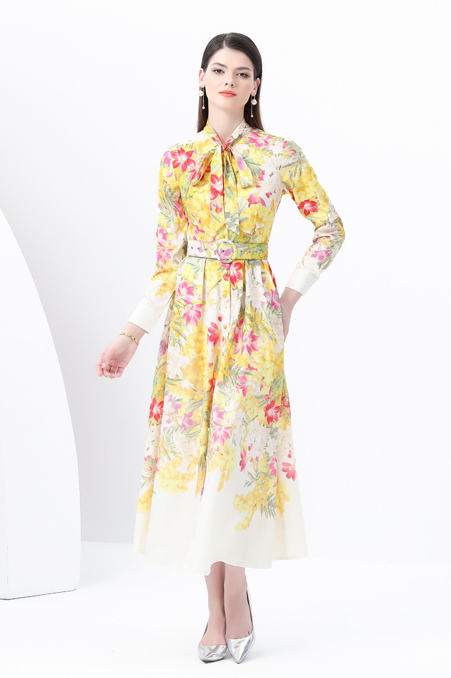 BK-Floral print Tie Neck Maxi Dress