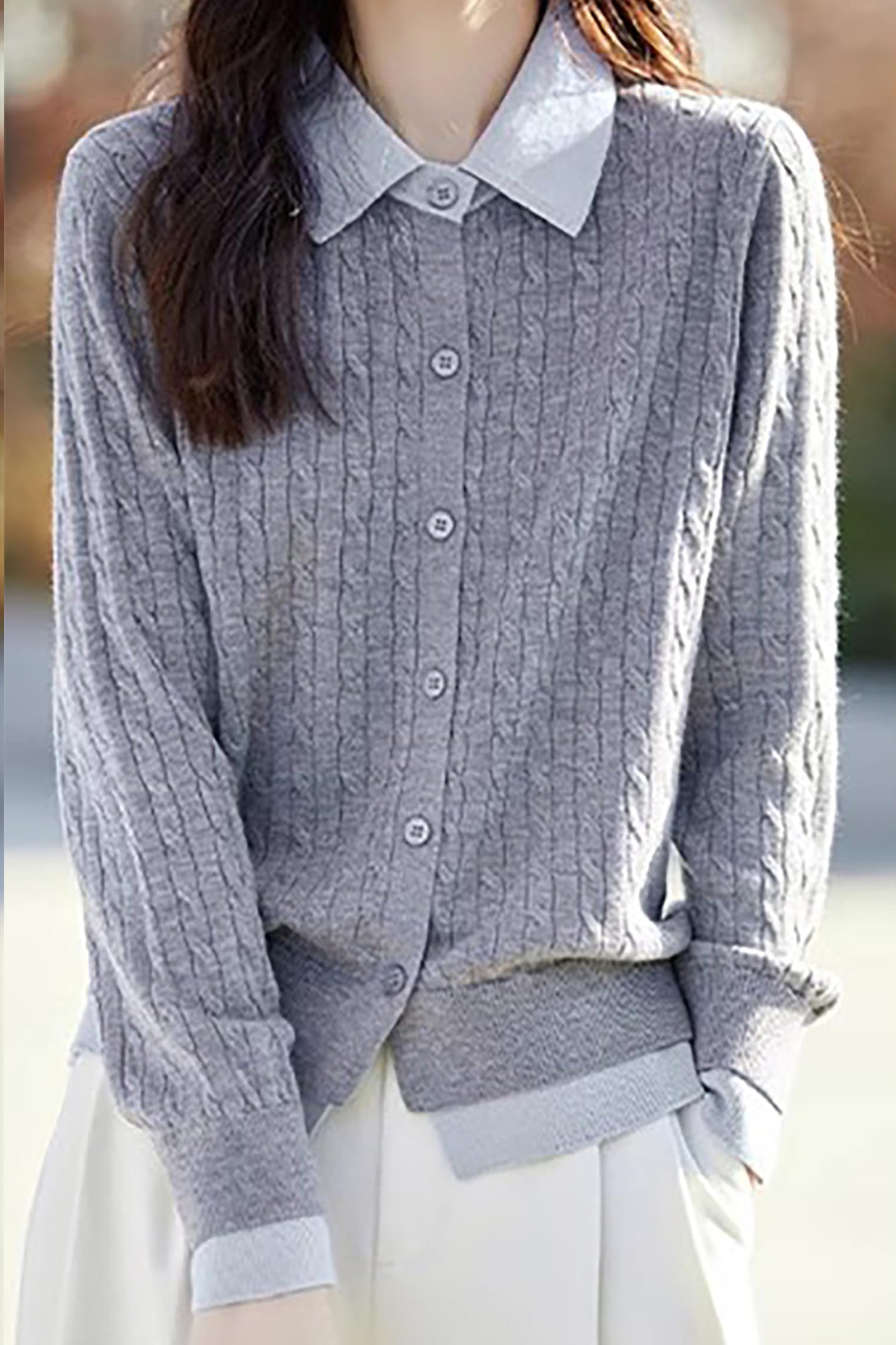 Knit Button Patchwork Pullover Fall Outfits - LAI MENG FIVE CATS