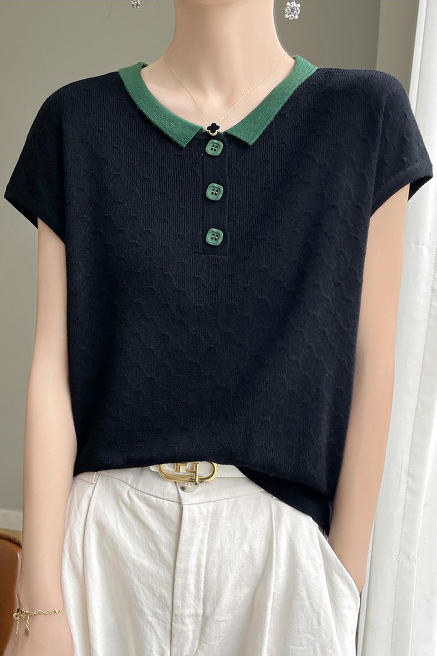 Women's Knit Tops Henley Shirts Color Block Blouse