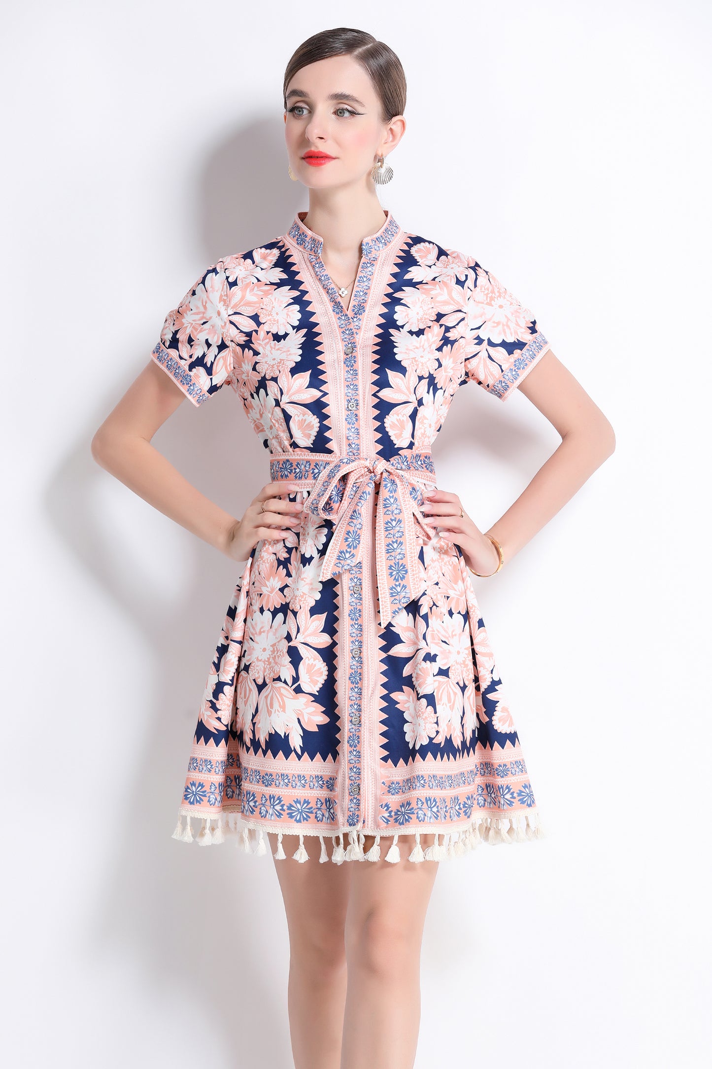 Women's V-Neck Floral Print Split Mini Dress