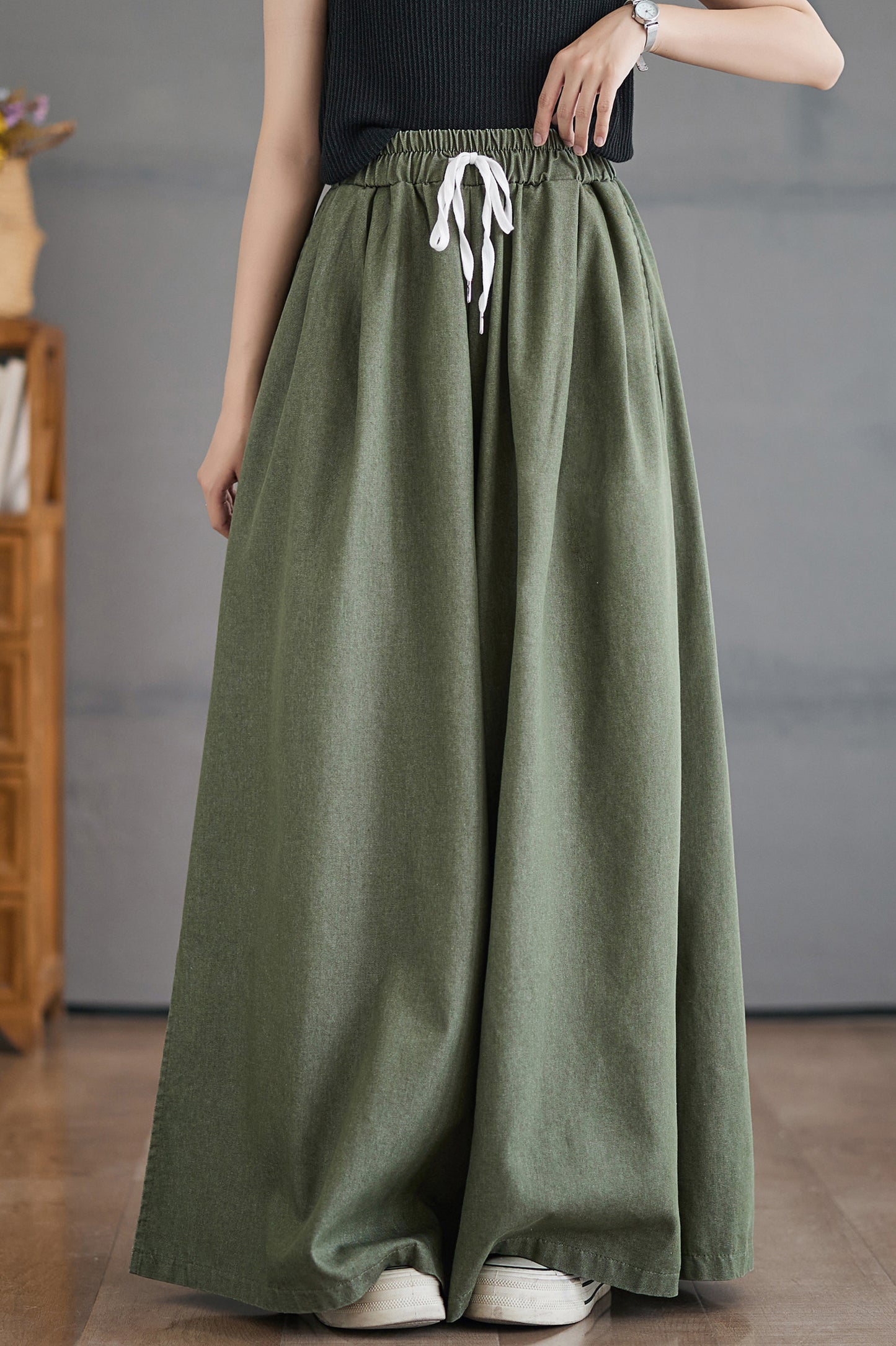Women's Waisted Drawstring Side Slit Wide Leg Pants