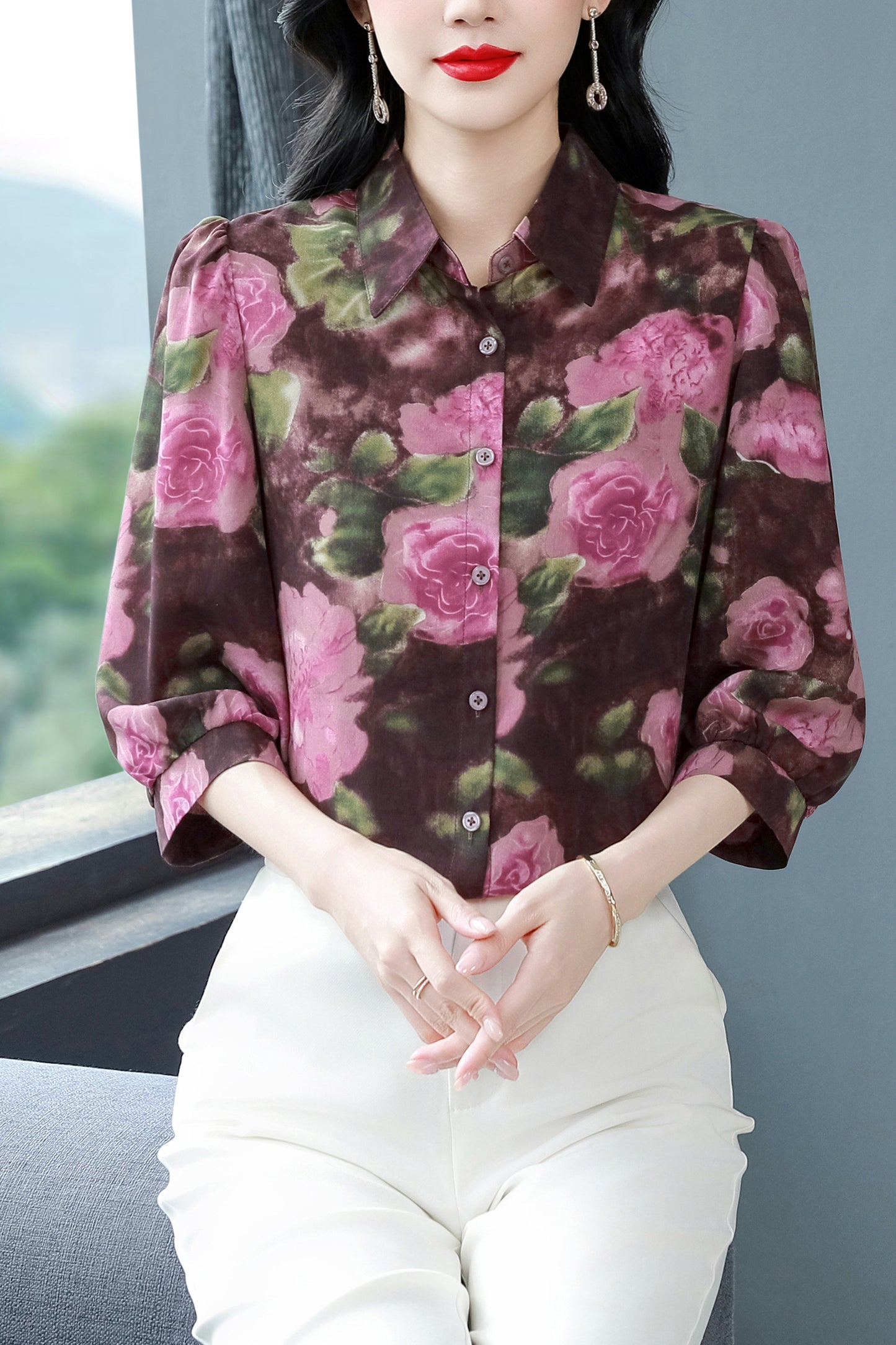 Women's Floral Print Shirt Loose Blouses Tops