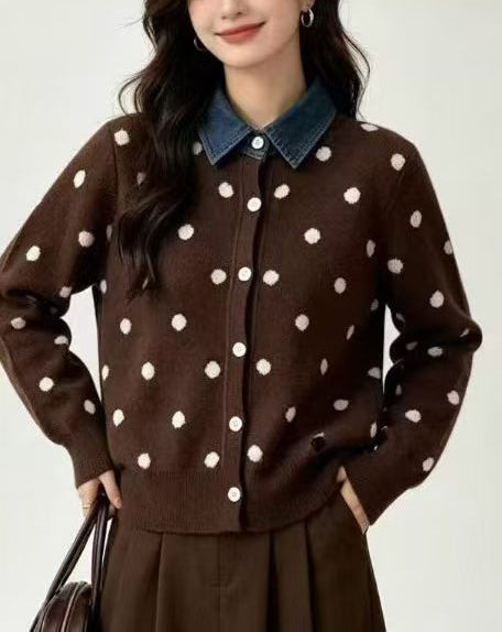 Polka Dot Knit Cardigan with Denim Collar
