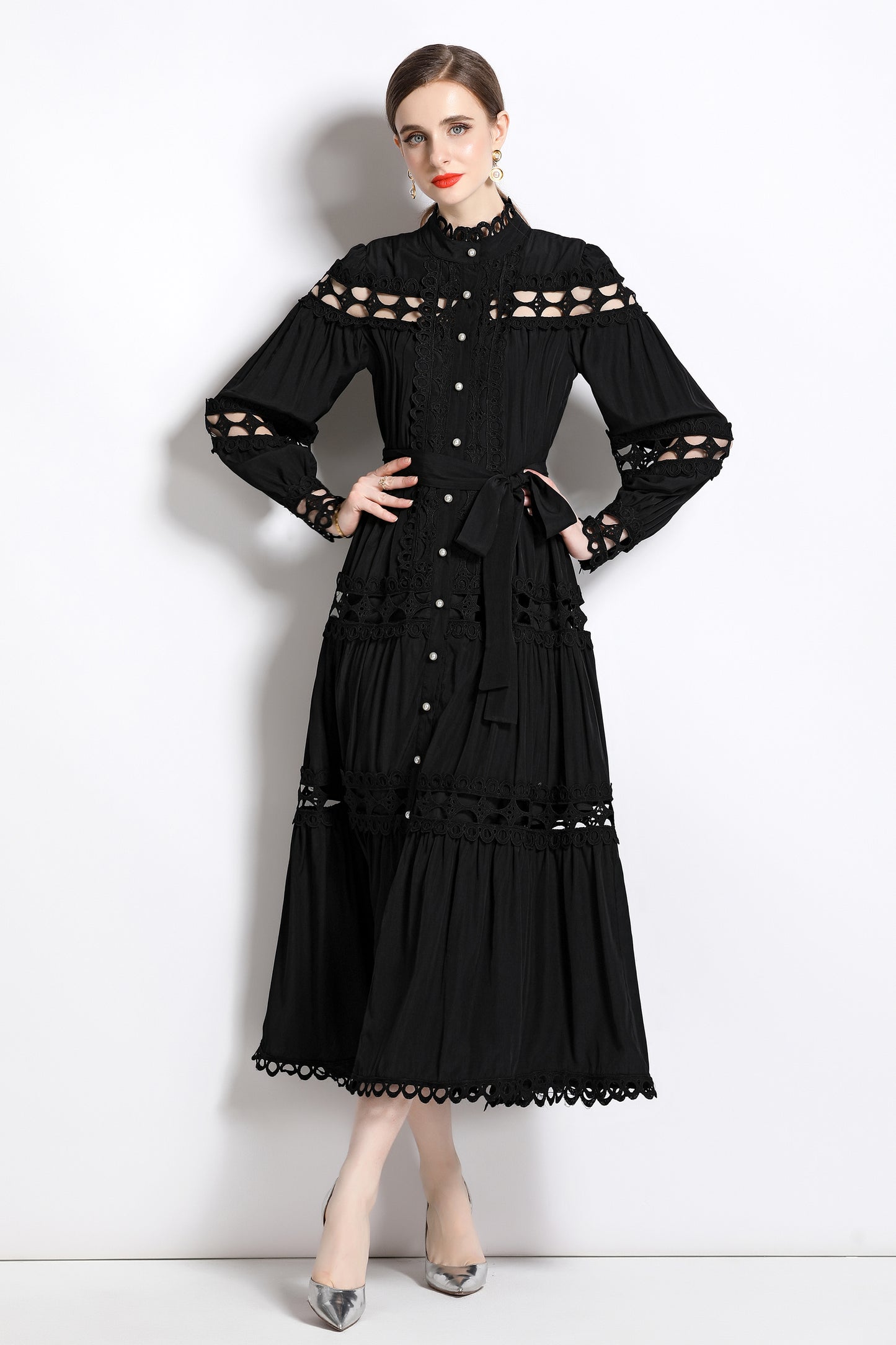 Women's Hollow Lace Puff Sleeve Split Maxi Dress