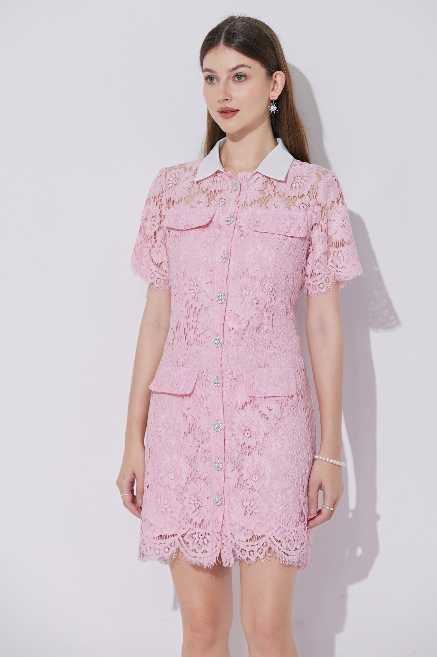 Women's Lace Floral Contrast Collar Mini Dress