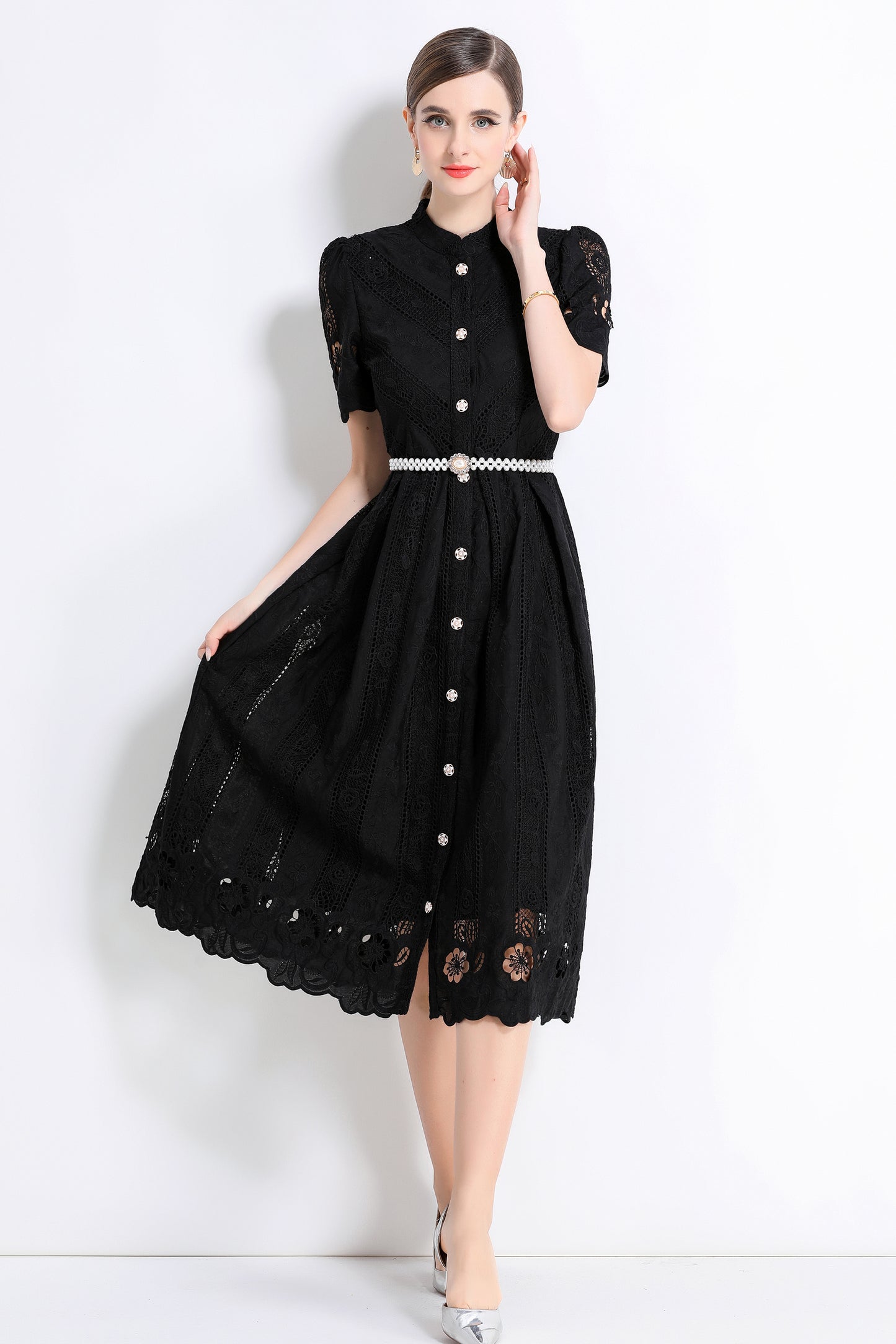 Women's  Hollow Out Short Sleeve Lace Midi Dress