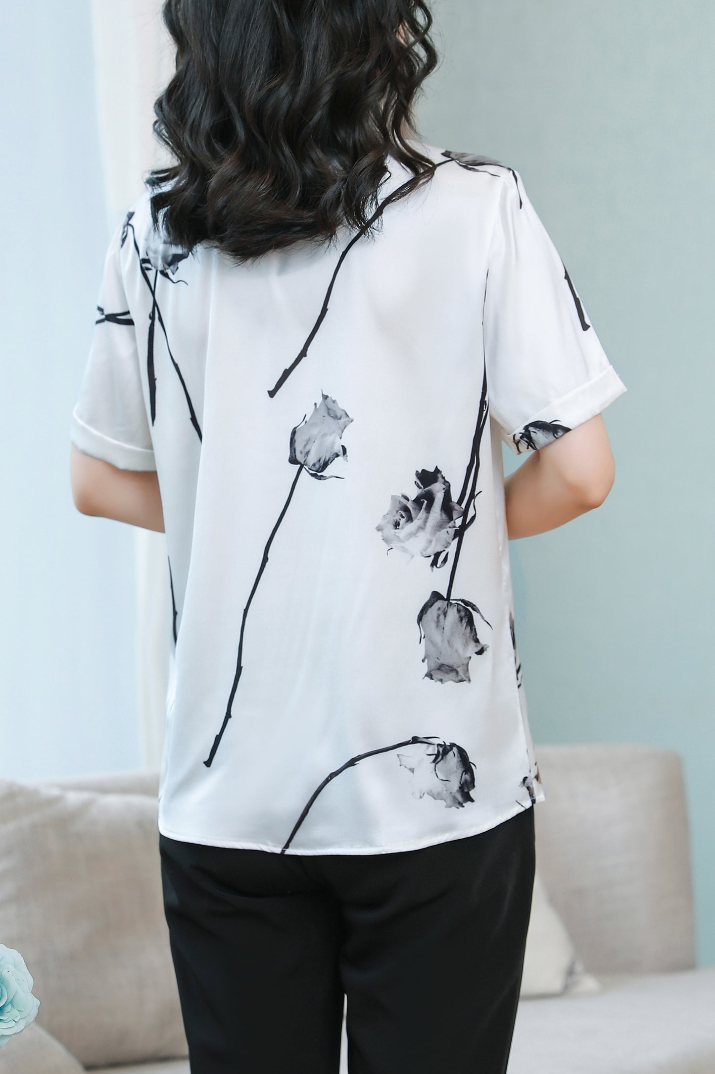 Women's Stain Floral Print Blouse Short Sleeve Tops