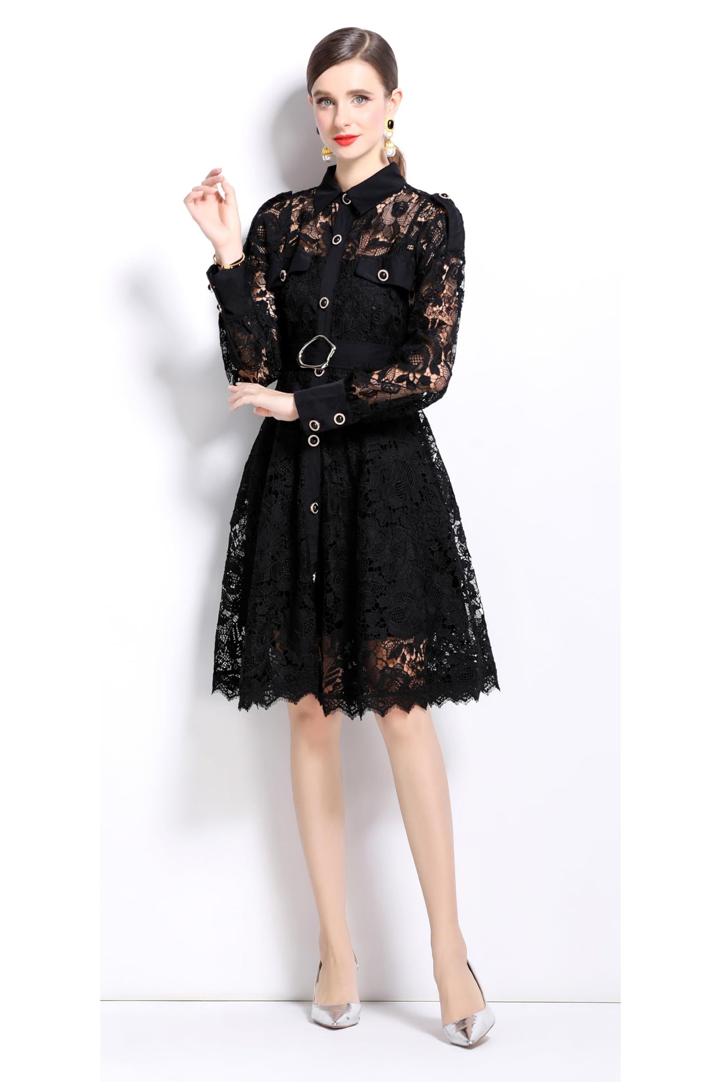 Womens Lace Tie Waist Flowy Midi Dress - LAI MENG FIVE CATS