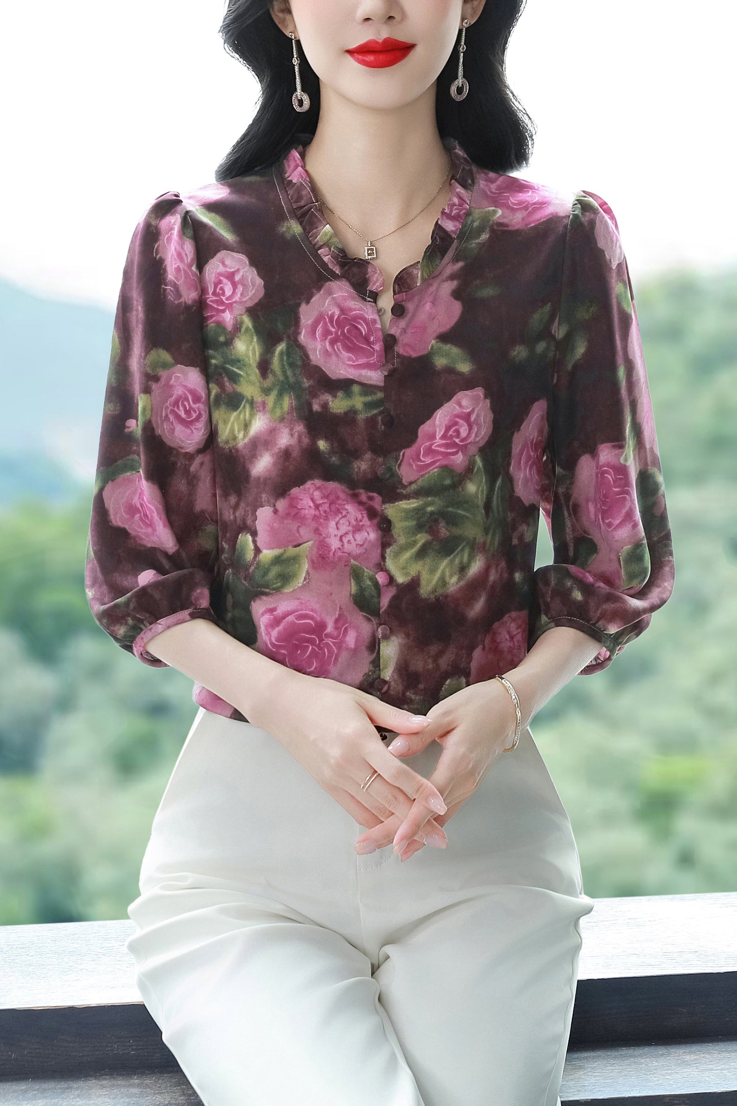 Women's  Floral Print Ruffle Puff Sleeve Blouses Top