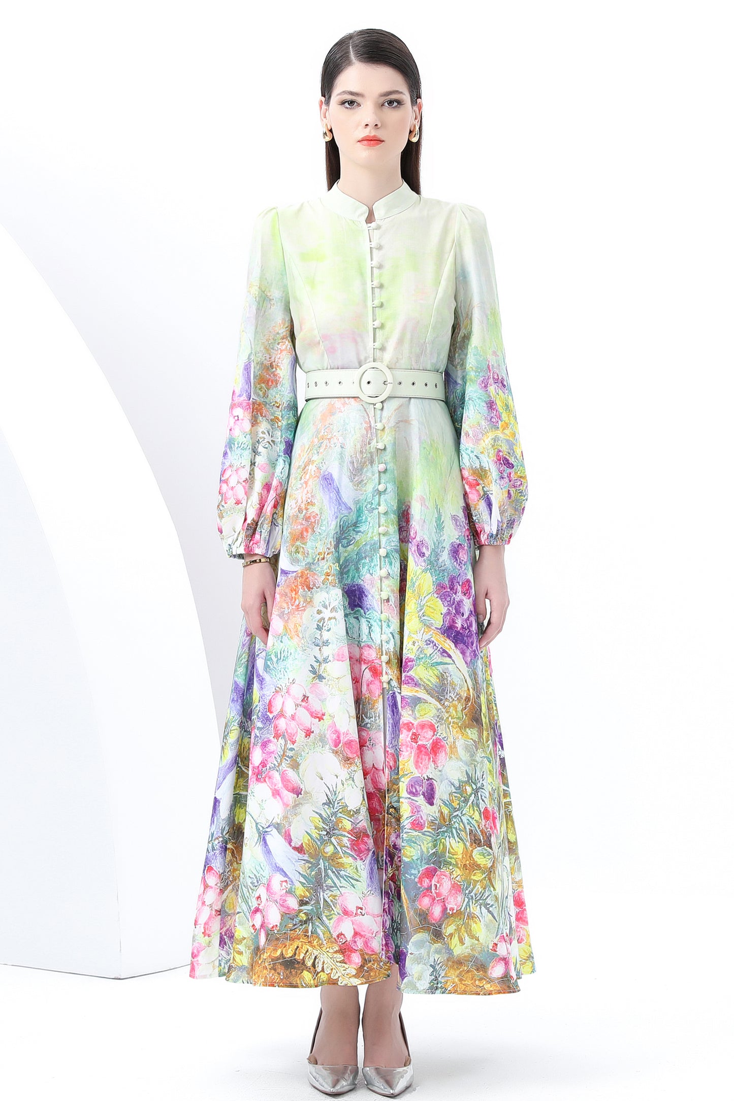 Women's Floral Print Lantern Sleeve Slit Maxi Dress