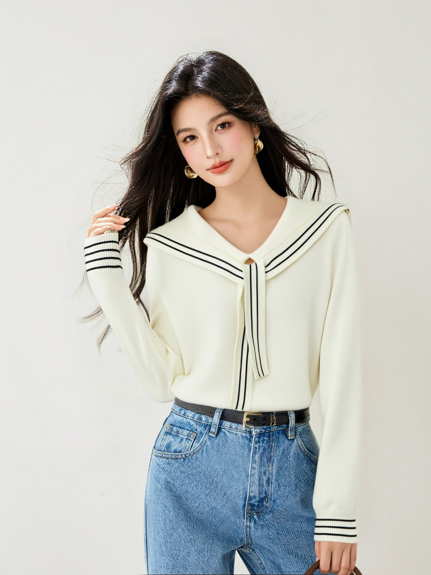 Women's Sailor Collar V-Neck Strip Knit Sweater Blouse