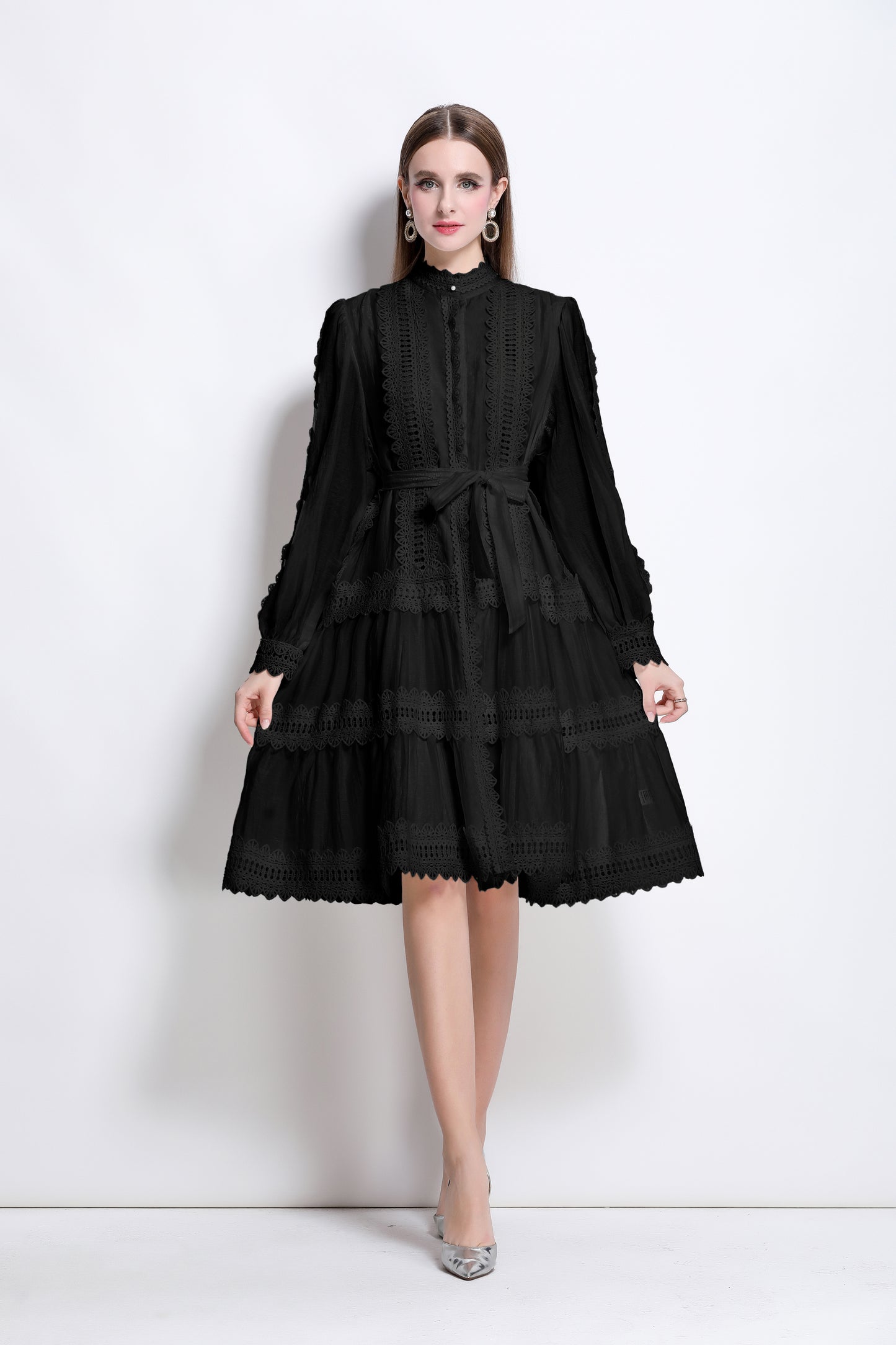 Women's Hollow Lace Lantern Sleeves Midi Dress