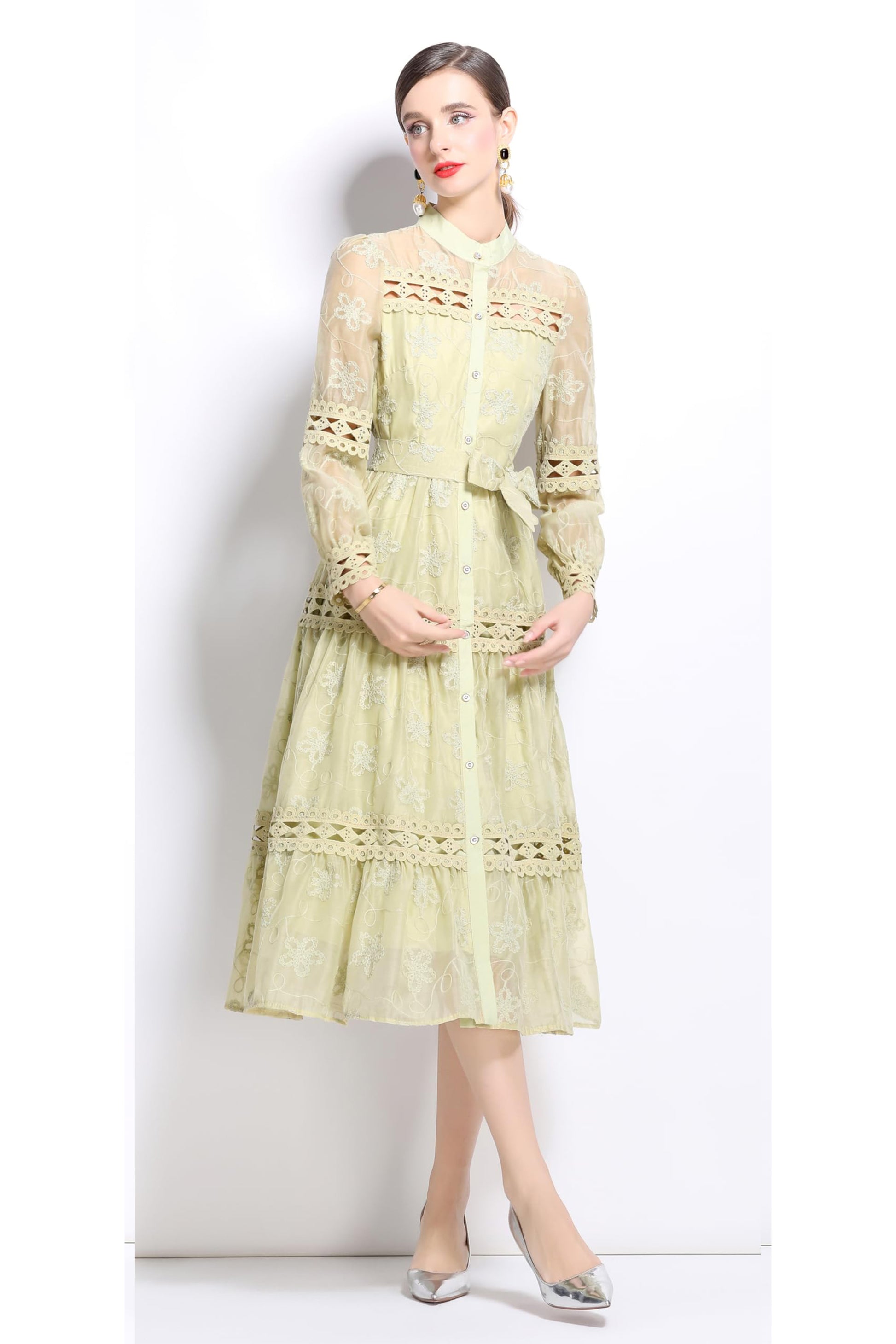 BK-Womens Lace Tulle Hollow Elegant Midi Dress - LAI MENG FIVE CATS