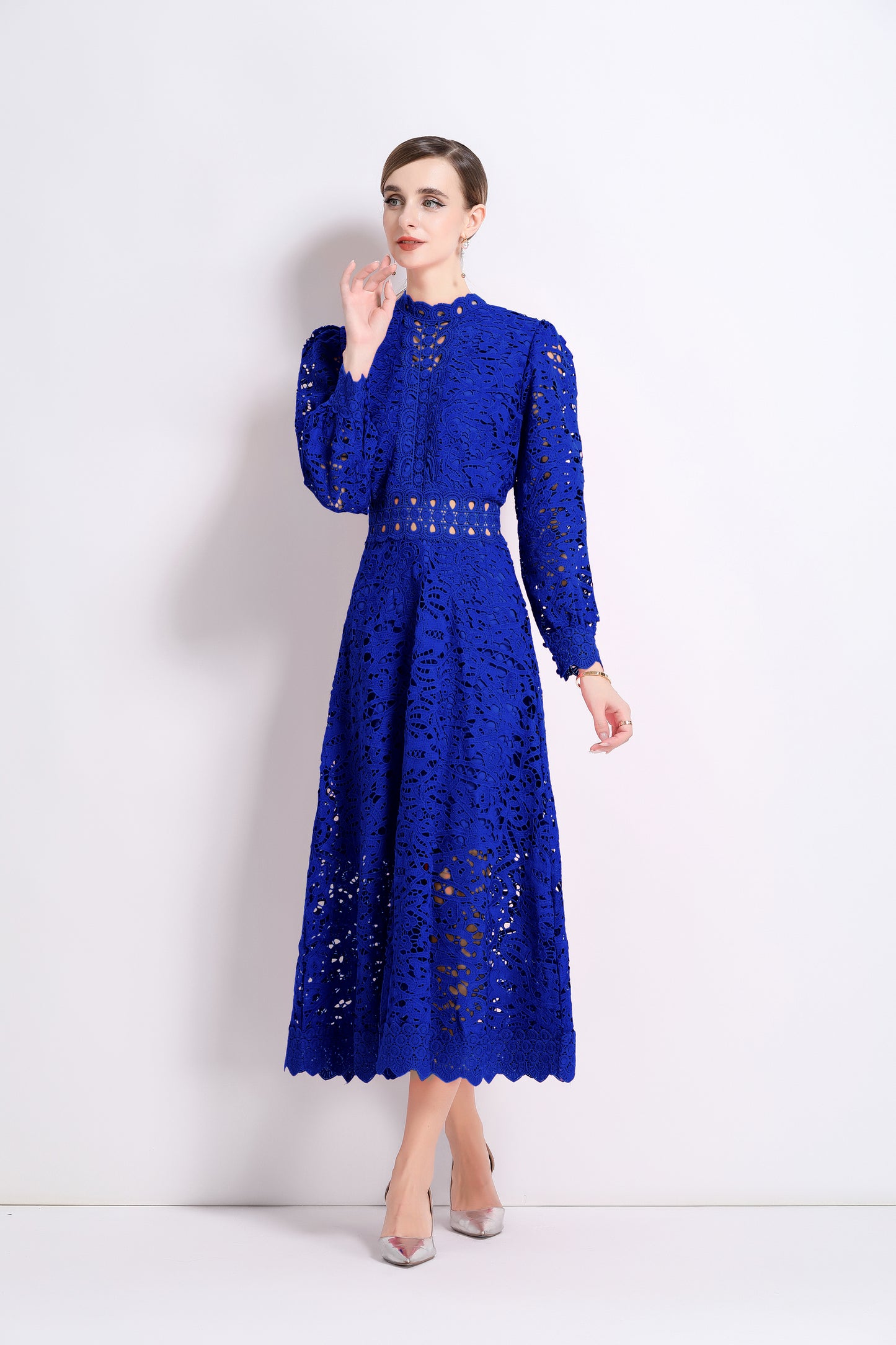 Women's Puff Long Sleeve Hollow Lace Maxi Dress