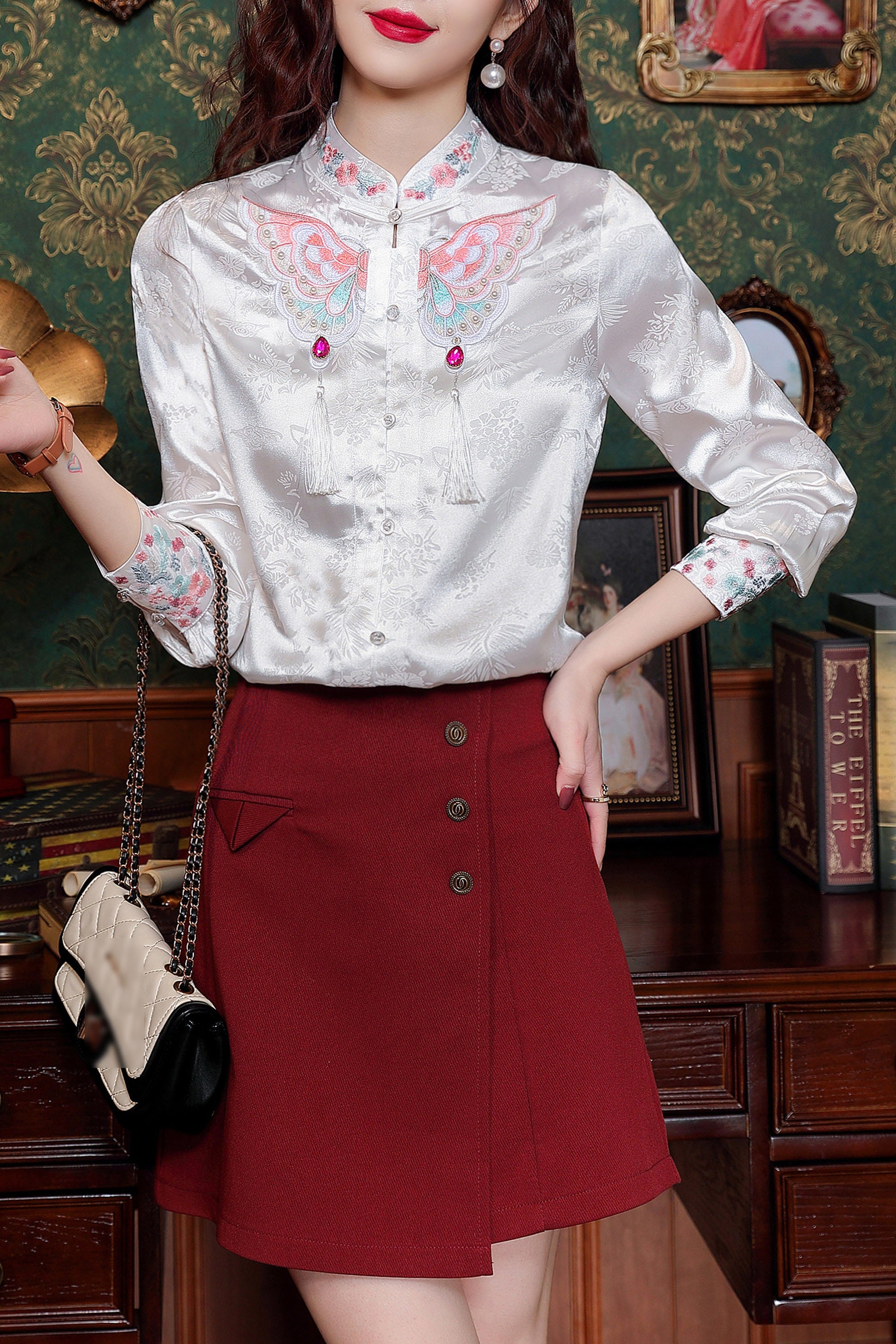 Women's Vintage chinese Silk Satin Top Embroidery Jacquard Blouses - LAI MENG FIVE CATS