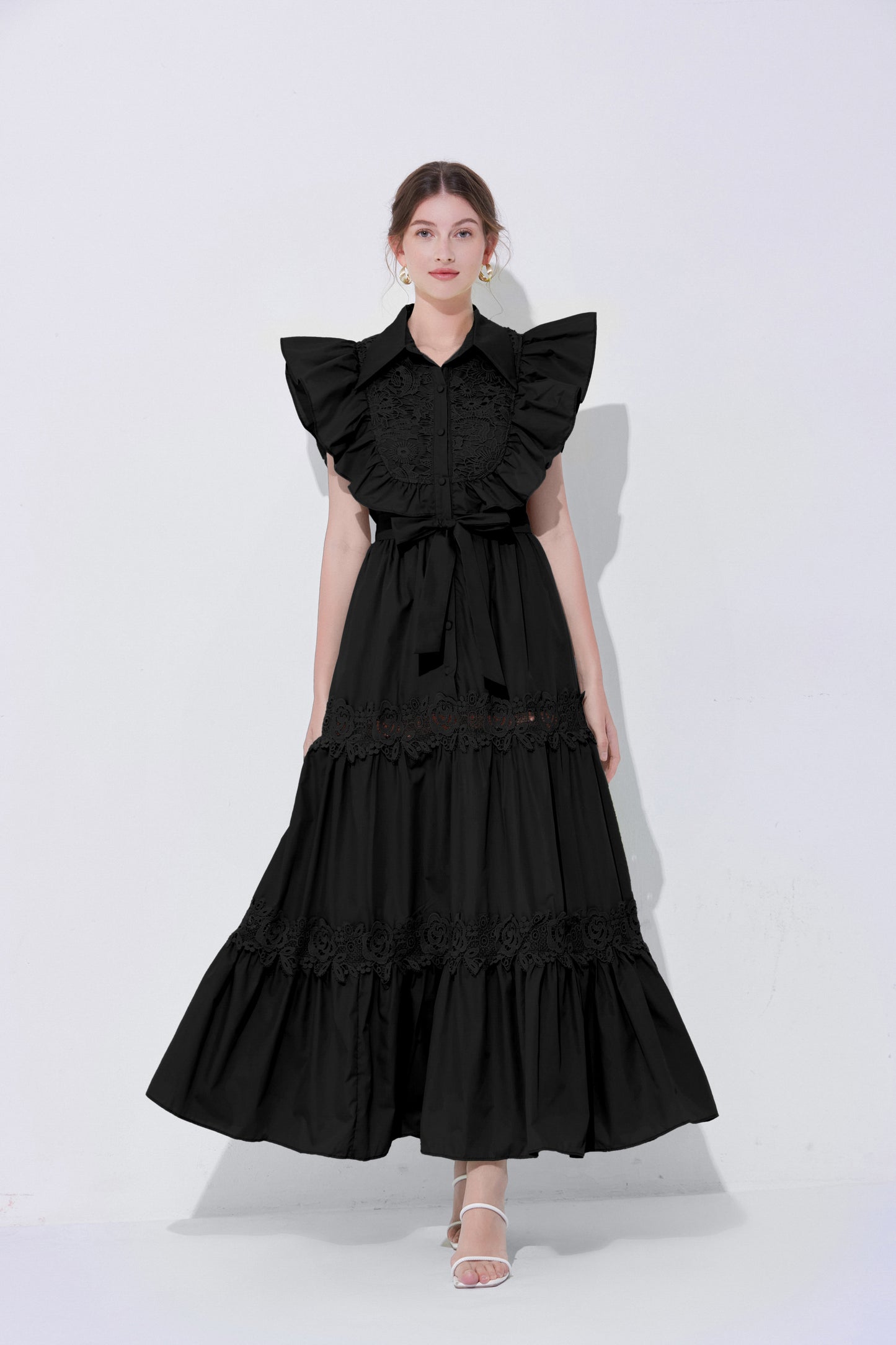 Women's Sleeveless Ruffles Lace Button  Mixi Dress