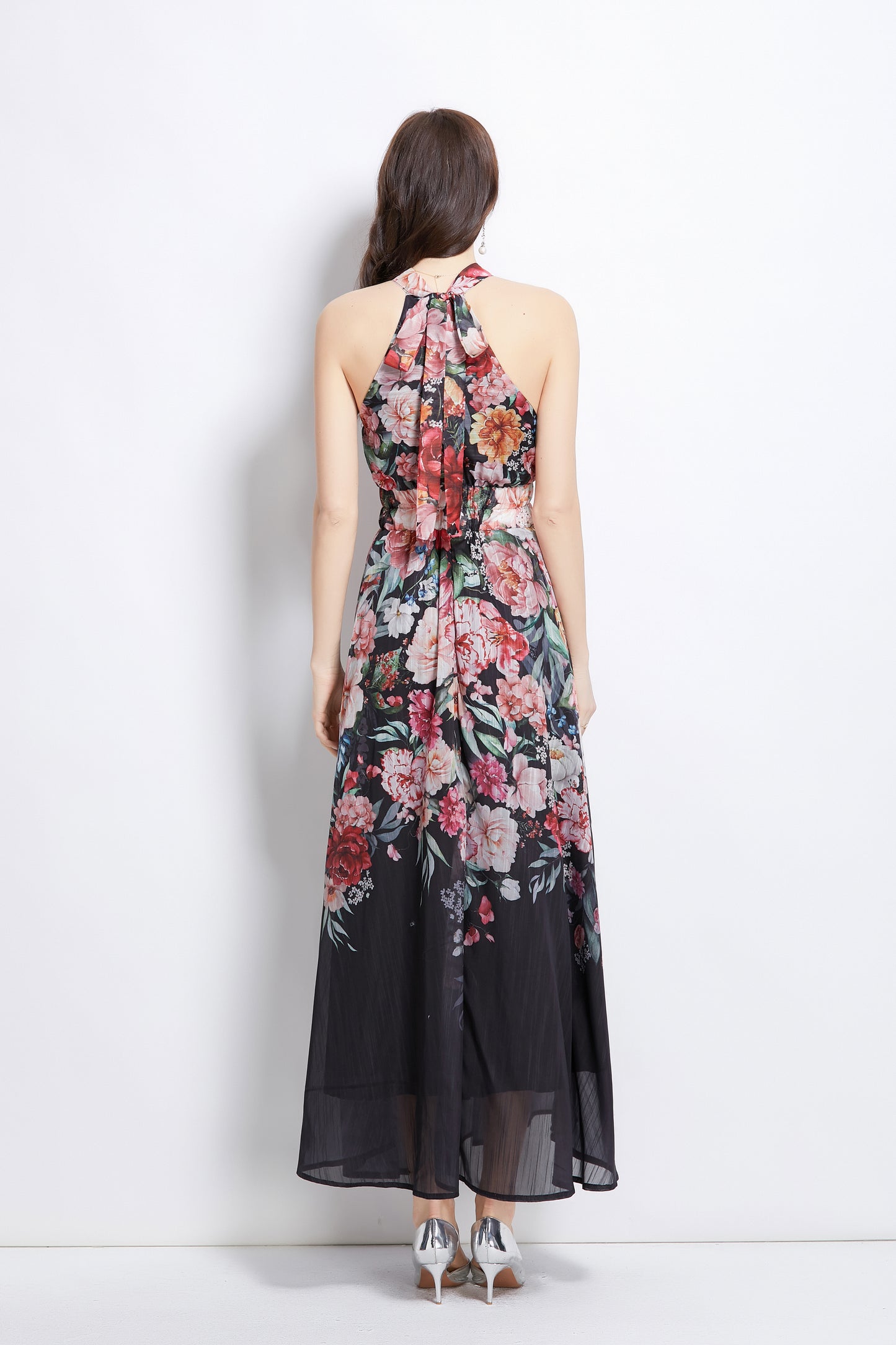 Women's Halter Neck Floral Elastic Waist Maxi Dress