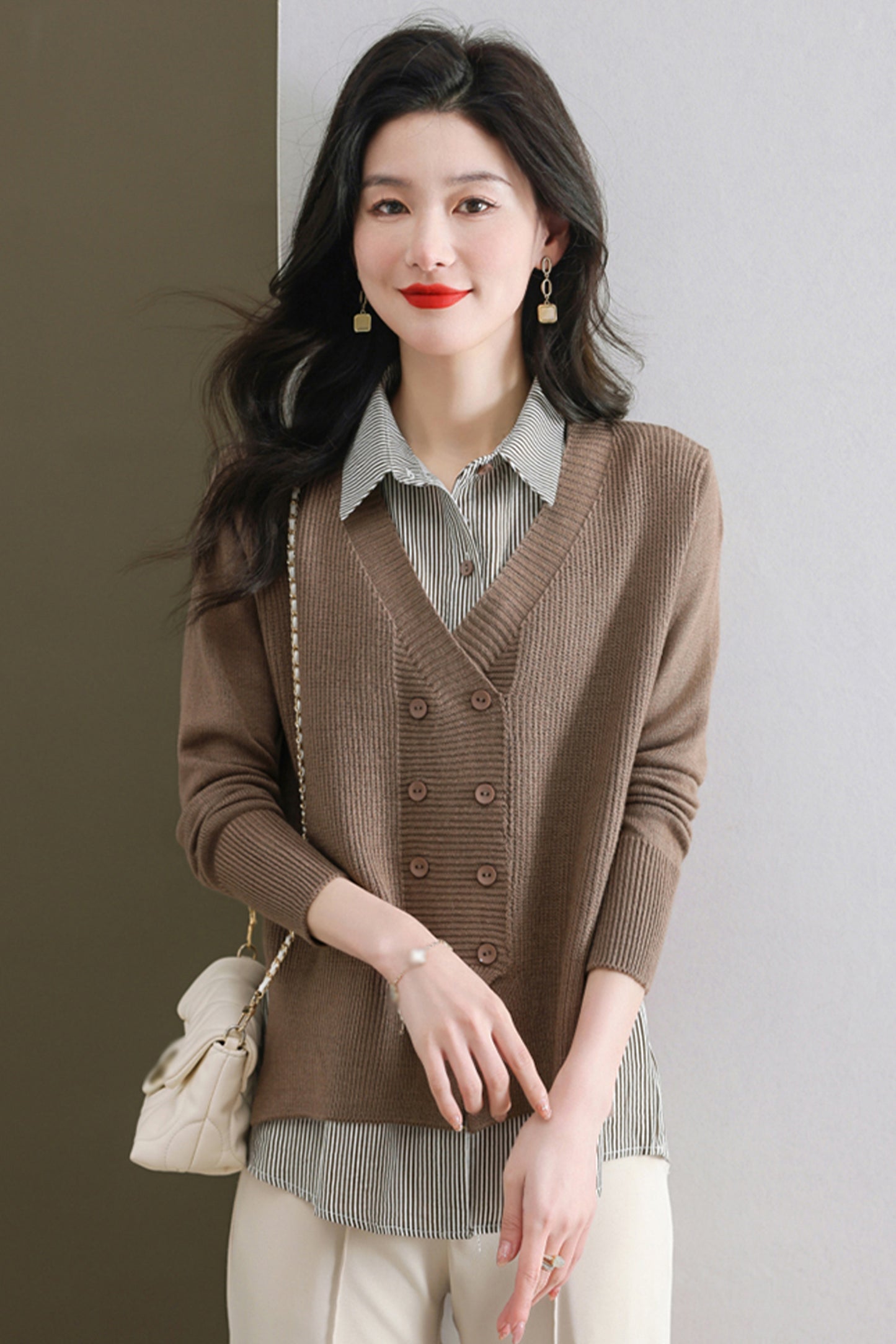 Women's Casual Patchwork Shirt Collar Long Sleeve Cotton Pullover Tops - LAI MENG FIVE CATS