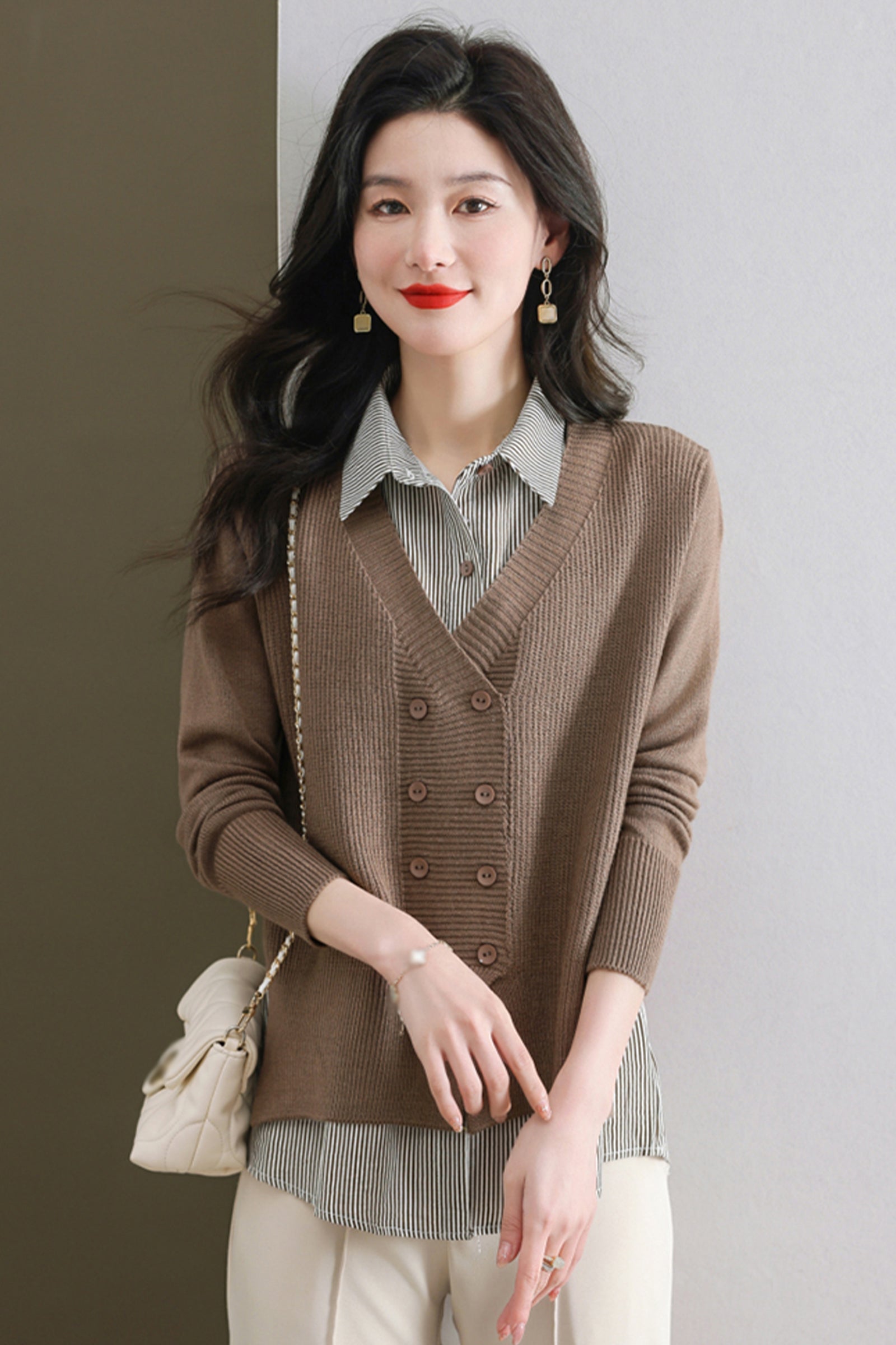 Women's Casual Patchwork Shirt Collar Long Sleeve Cotton Pullover Tops - LAI MENG FIVE CATS