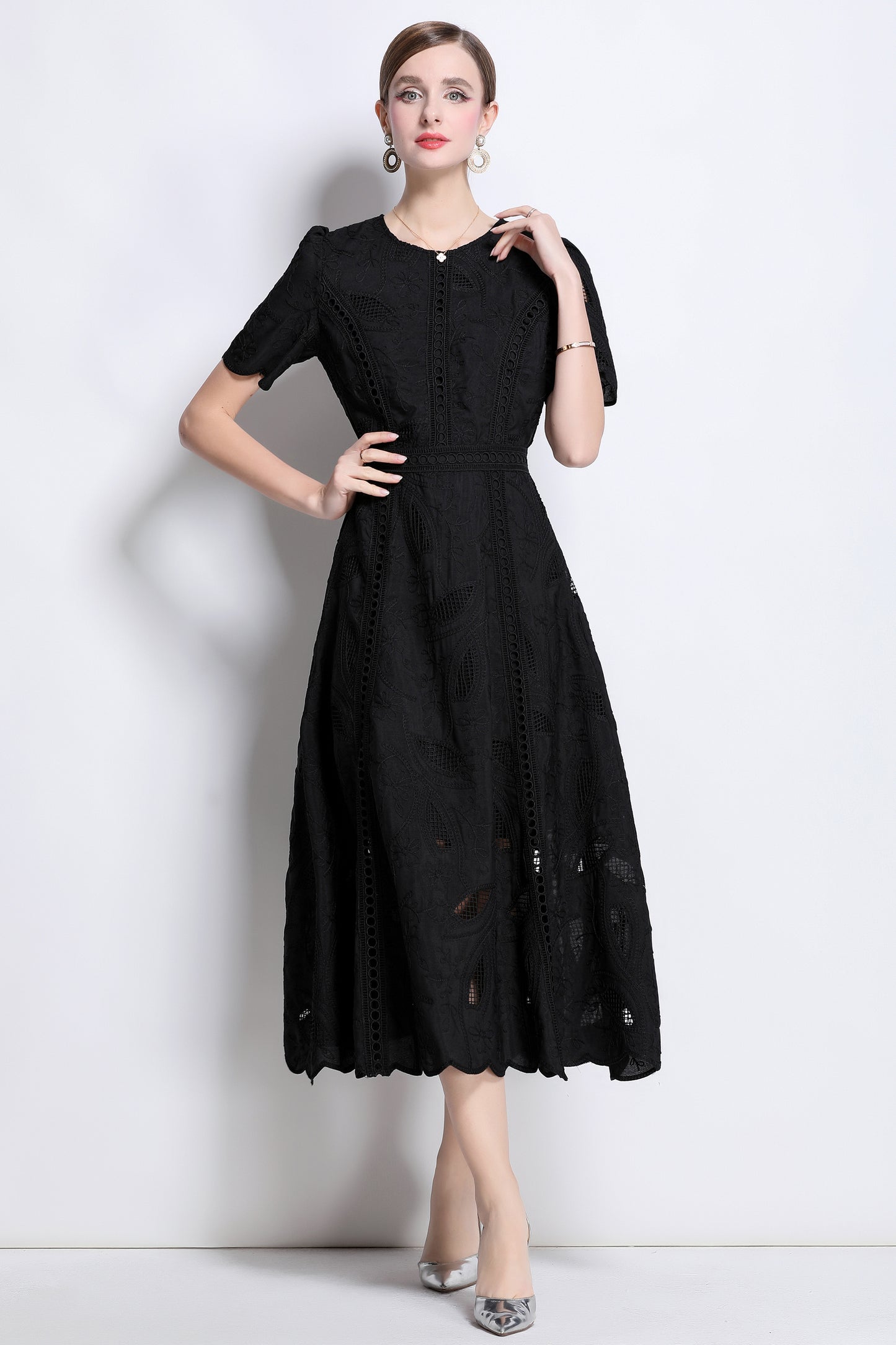 Women's Floral Lace Short Sleeve Evening Midi Dress