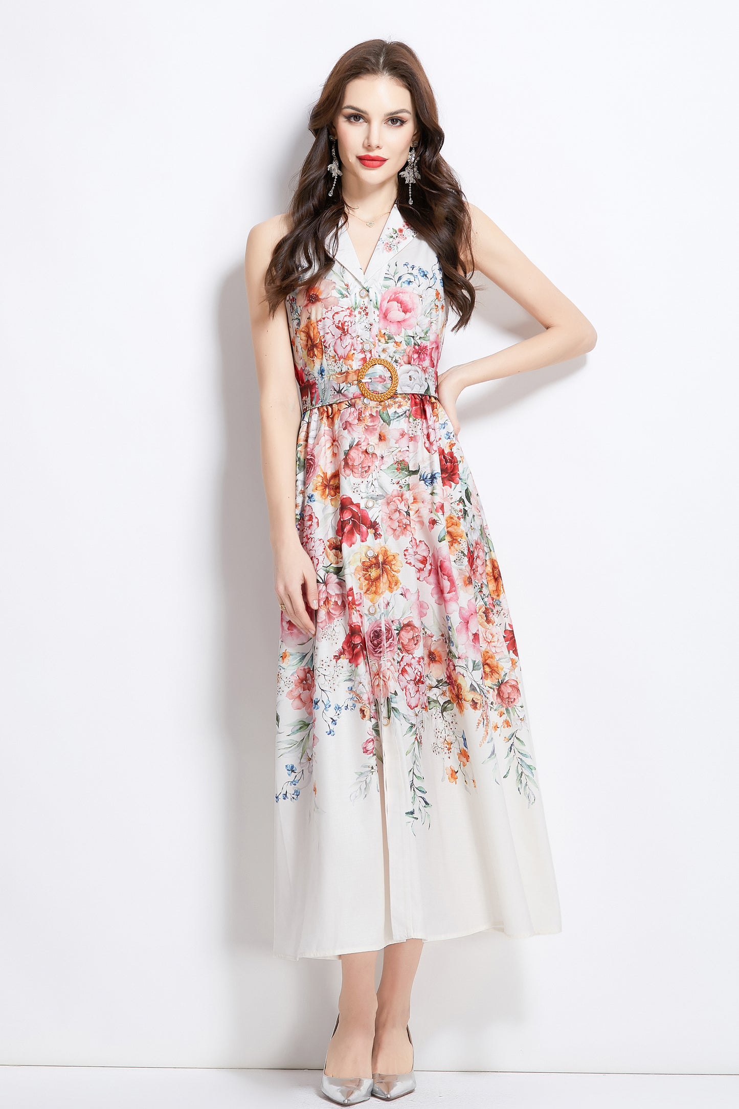 Women's Floral Print Sleeveless V Neck Maxi Dress