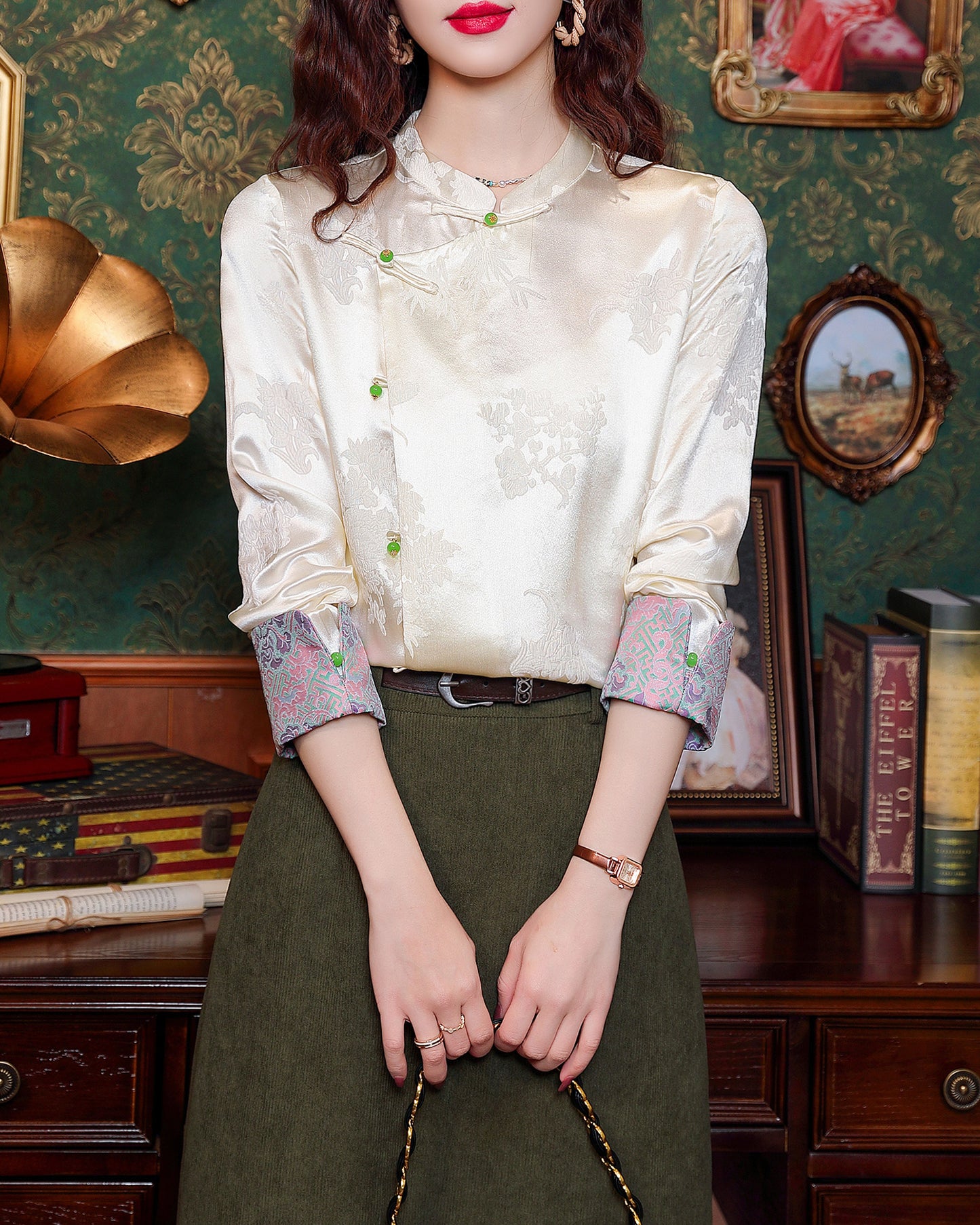 Women's Vintage chinese Silk Satin Top Embroidery Jacquard Blouses - LAI MENG FIVE CATS