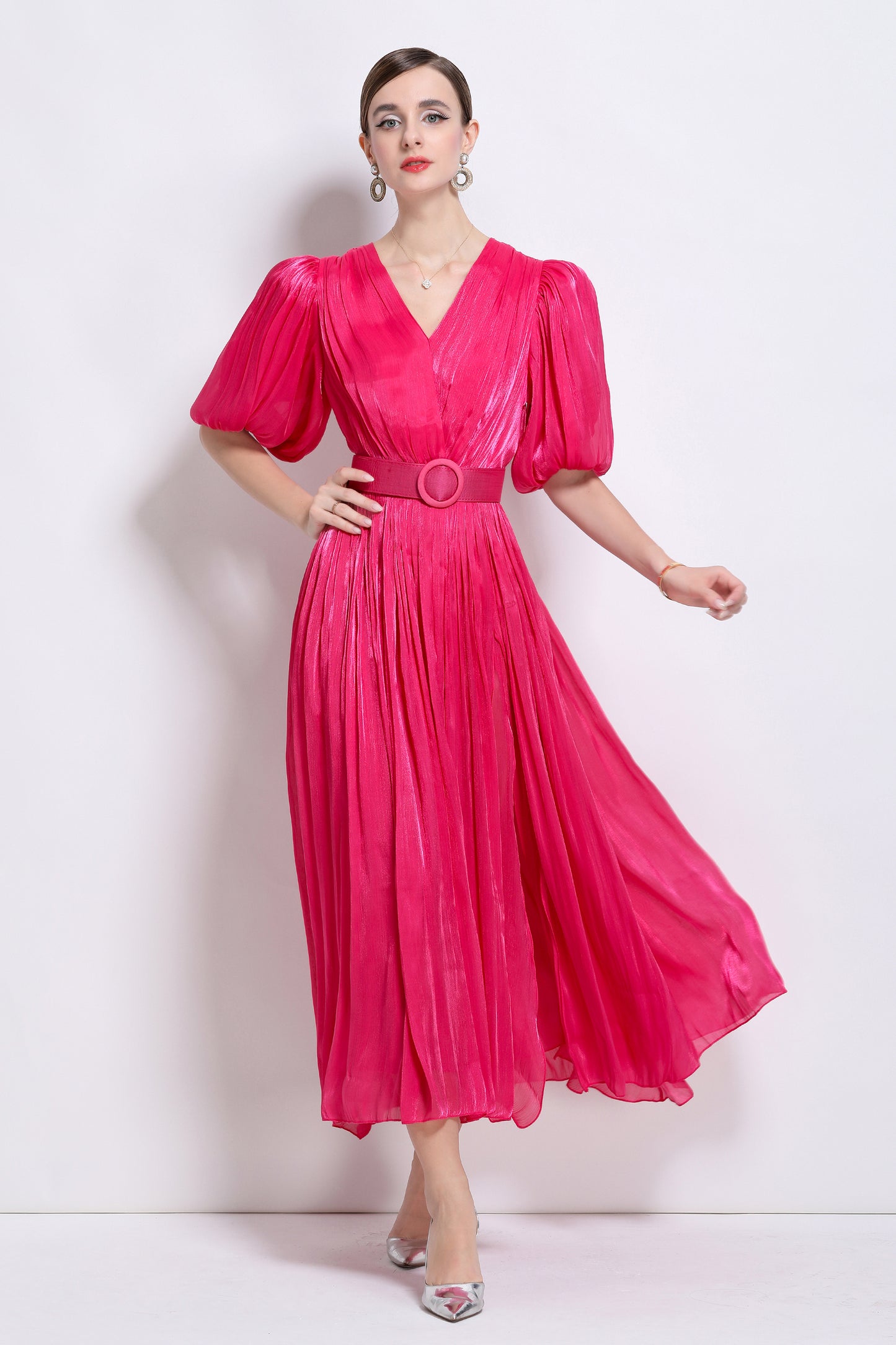 Women V-Neck Puff Sleeve Side Split Maxi Dress