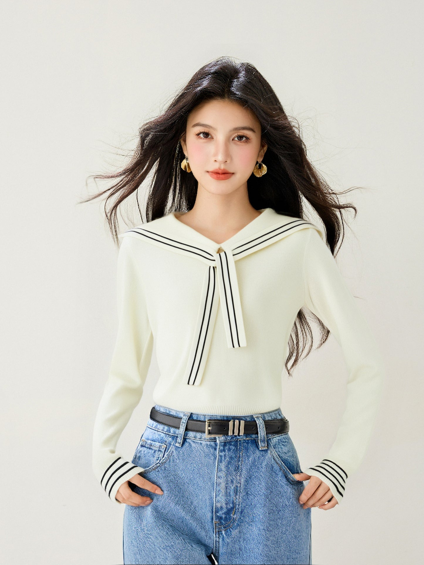 Women's Sailor Collar V-Neck Strip Knit Sweater Blouse