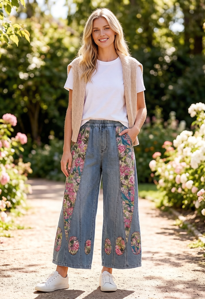 26-Women's Jeans Elastic Waist Wide Leg Denim
