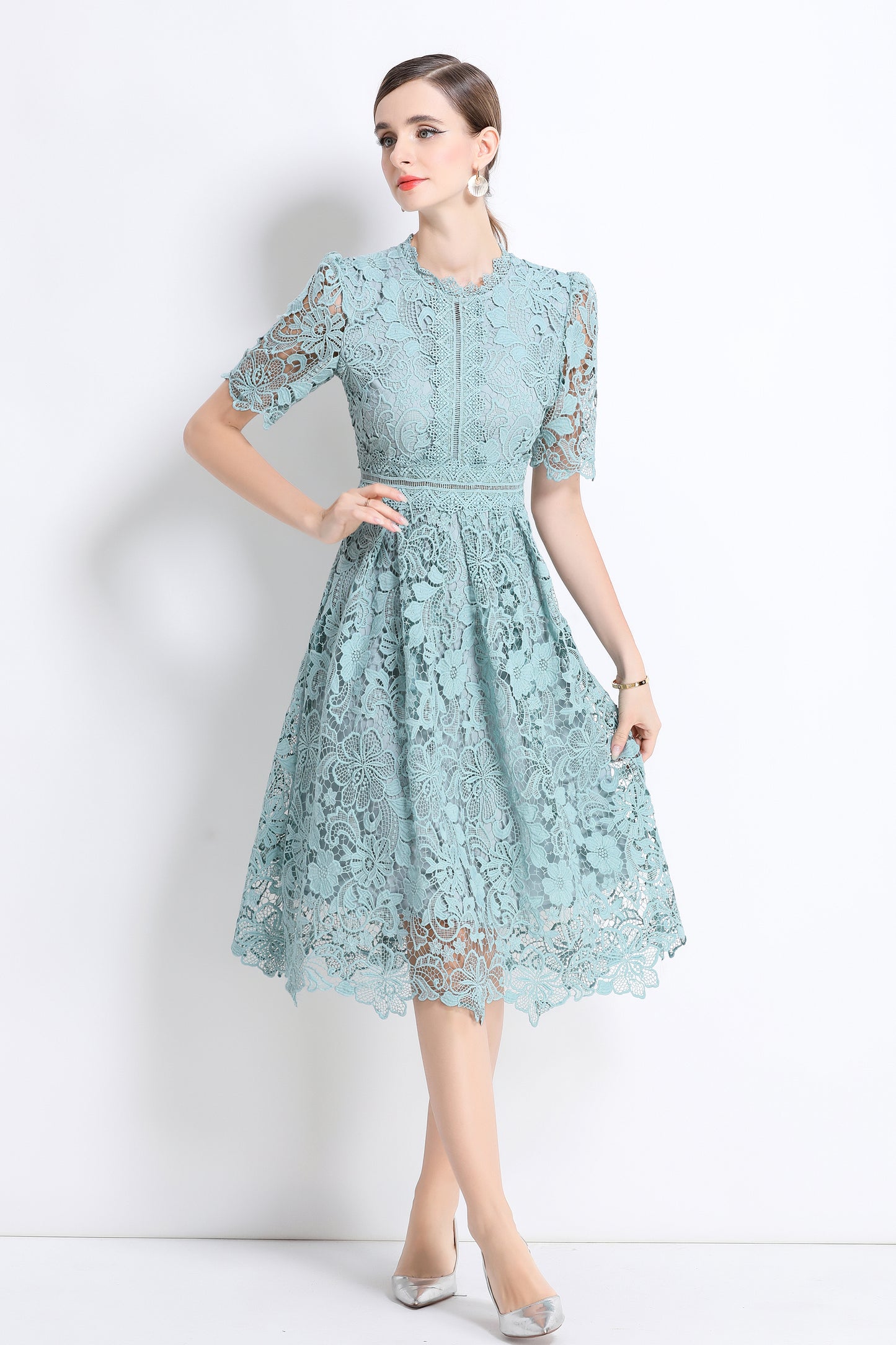 Women's Lace Floral Crochet Waist Midi Dress