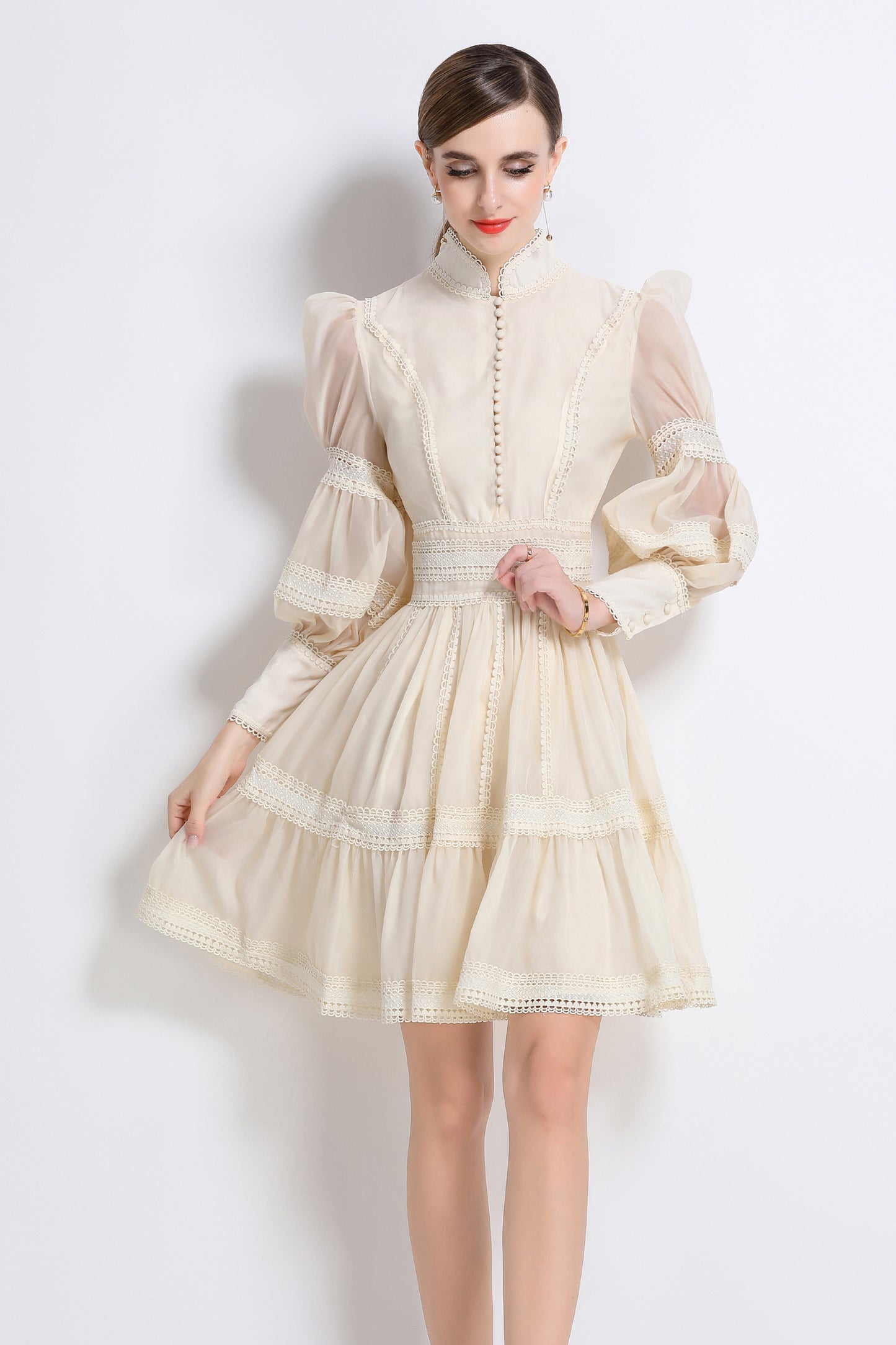 Women's Puff Sleeves Hollow Mesh Pleat Mini Dress