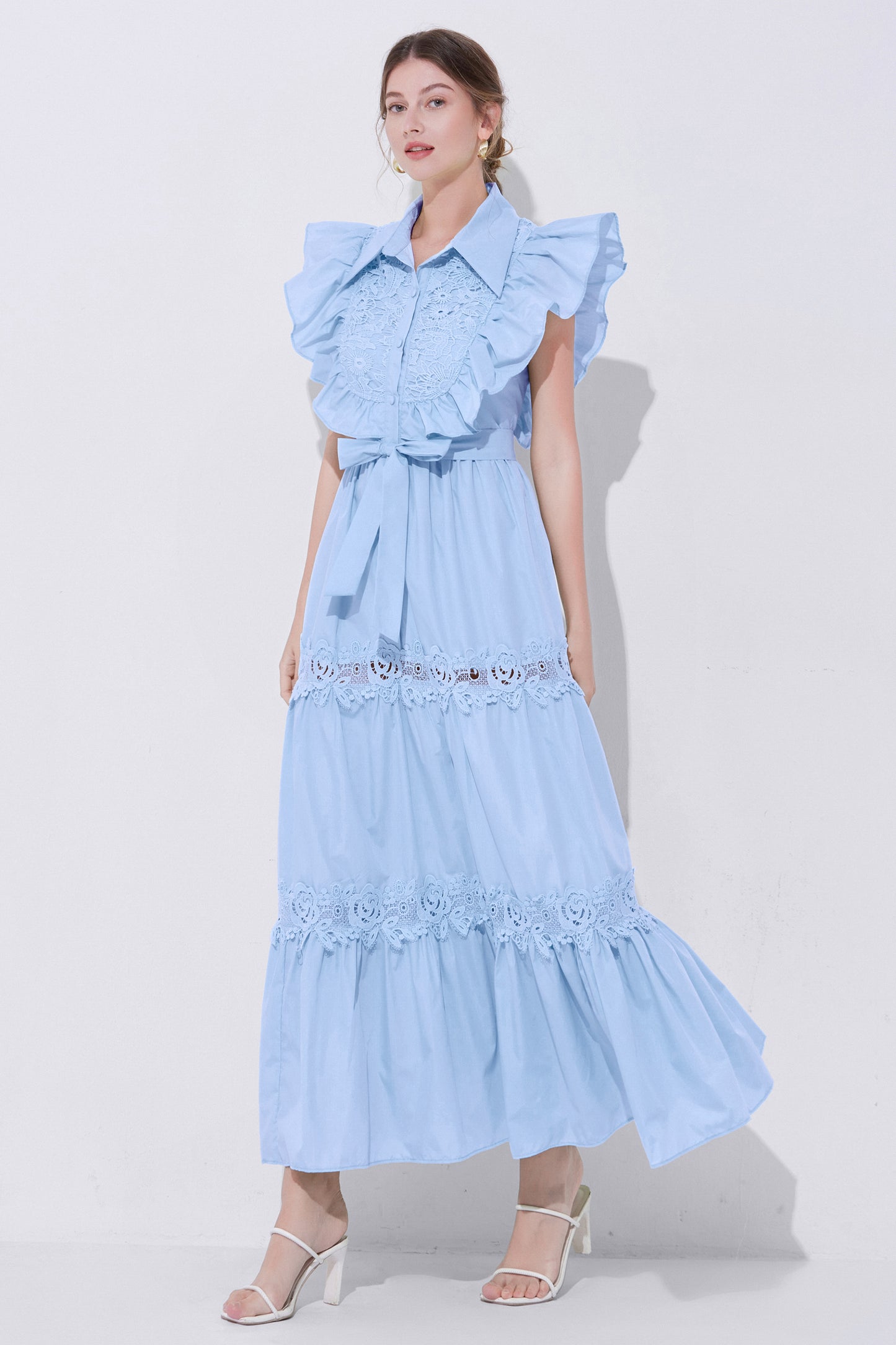 Women's Sleeveless Ruffles Lace Button  Mixi Dress