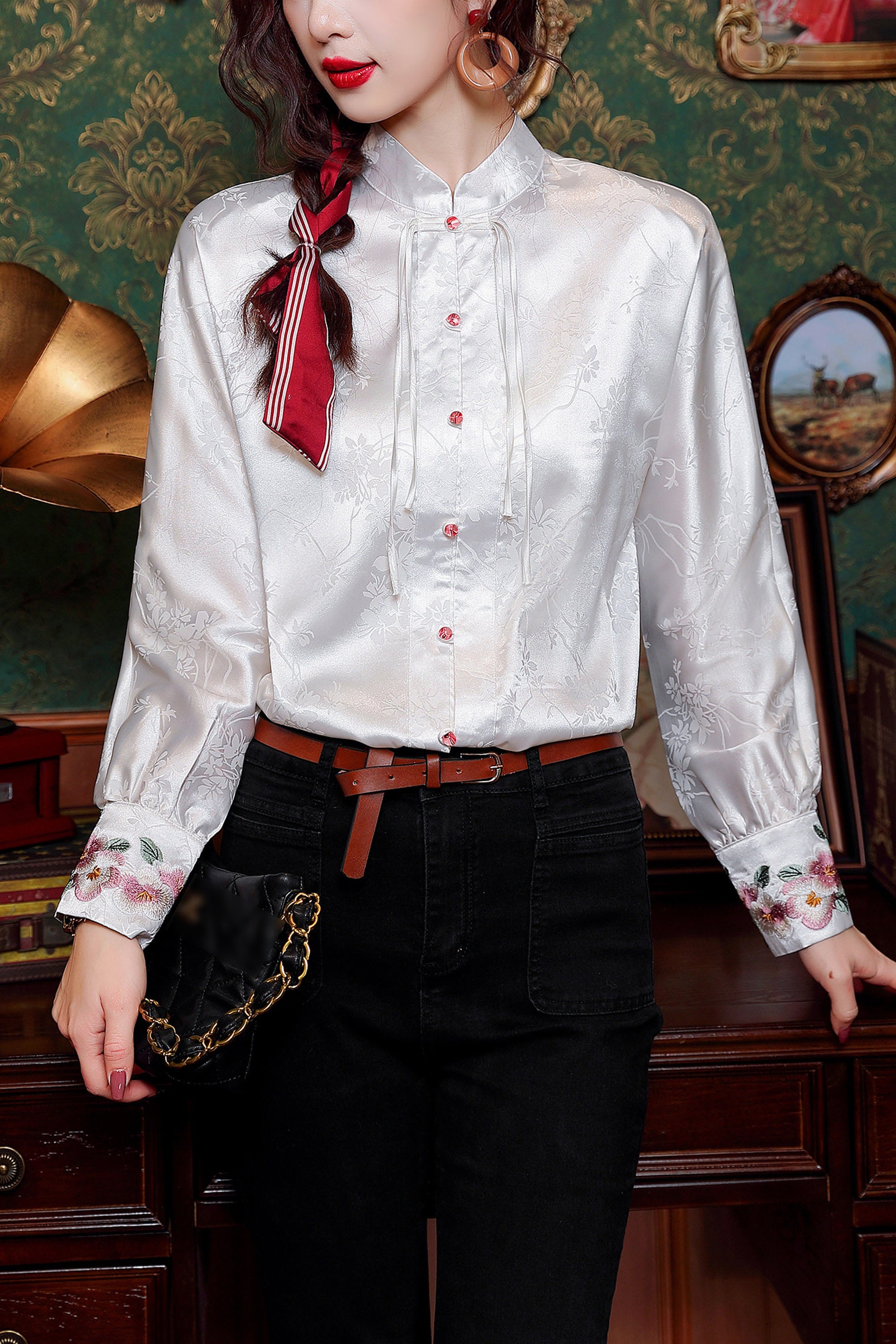 Women's Vintage chinese Silk Satin Top Embroidery Jacquard Blouses - LAI MENG FIVE CATS