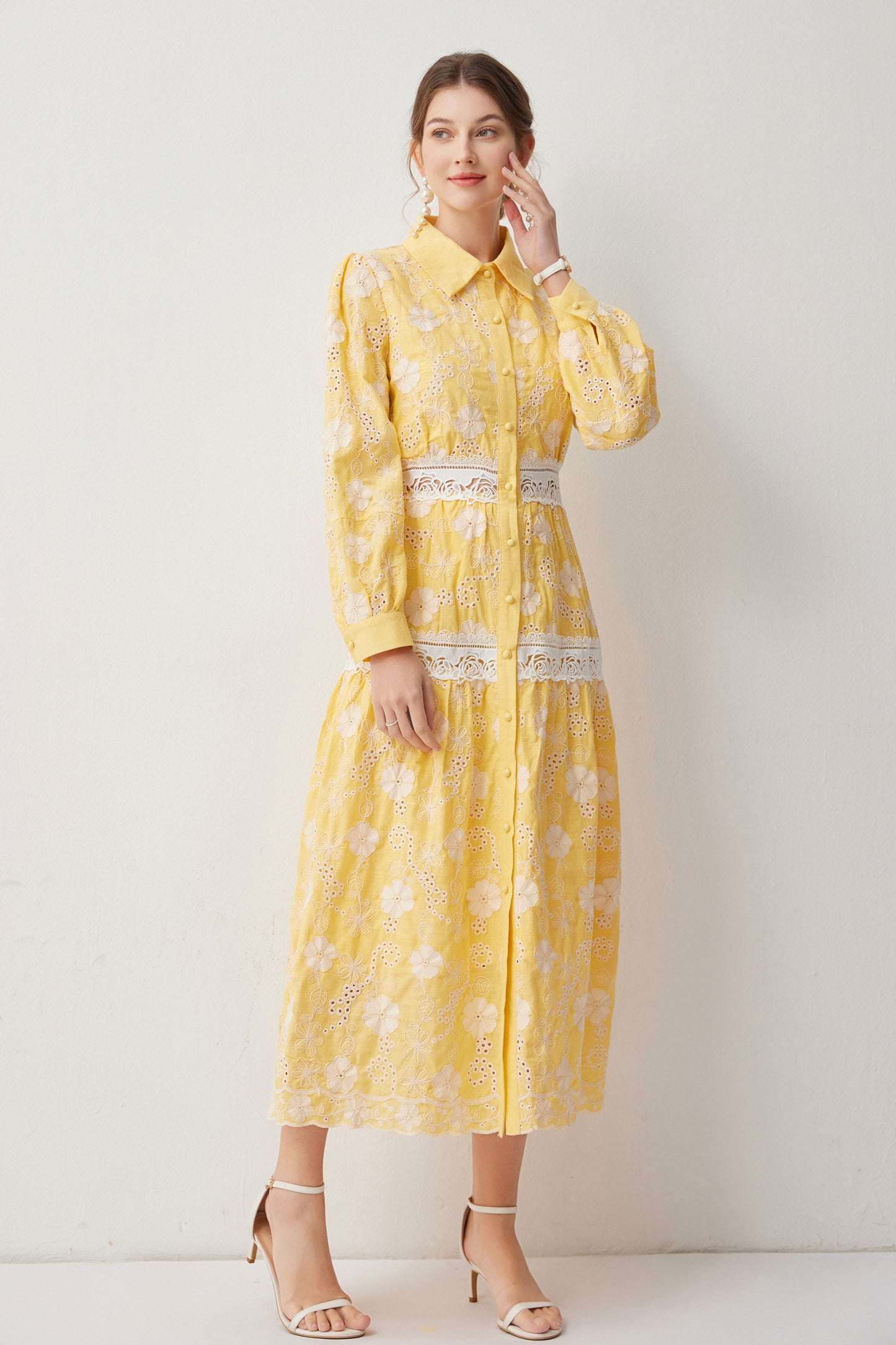 Women's Embroidery Hollow Out Lace Midi Dress