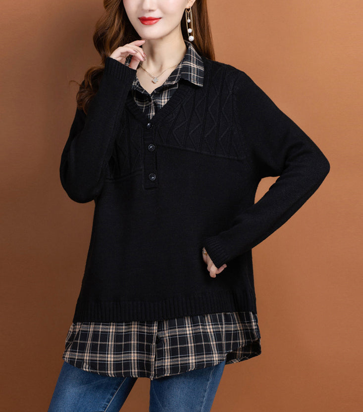 Women's V Neck Plaid Layered Look Knit Pullover Tops