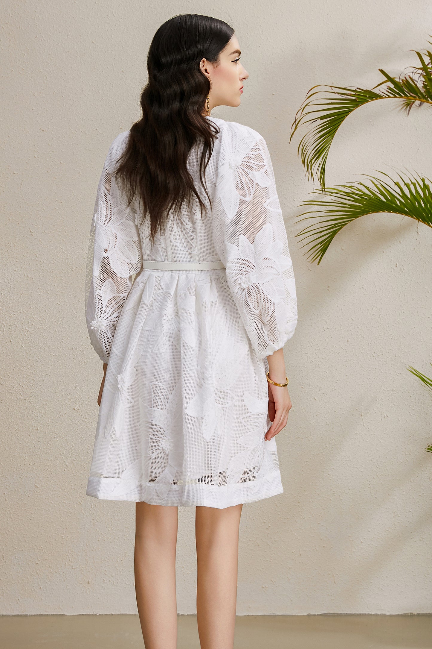 Women's V-Neck Hollow Lace Puff Sleeve Mini Dress