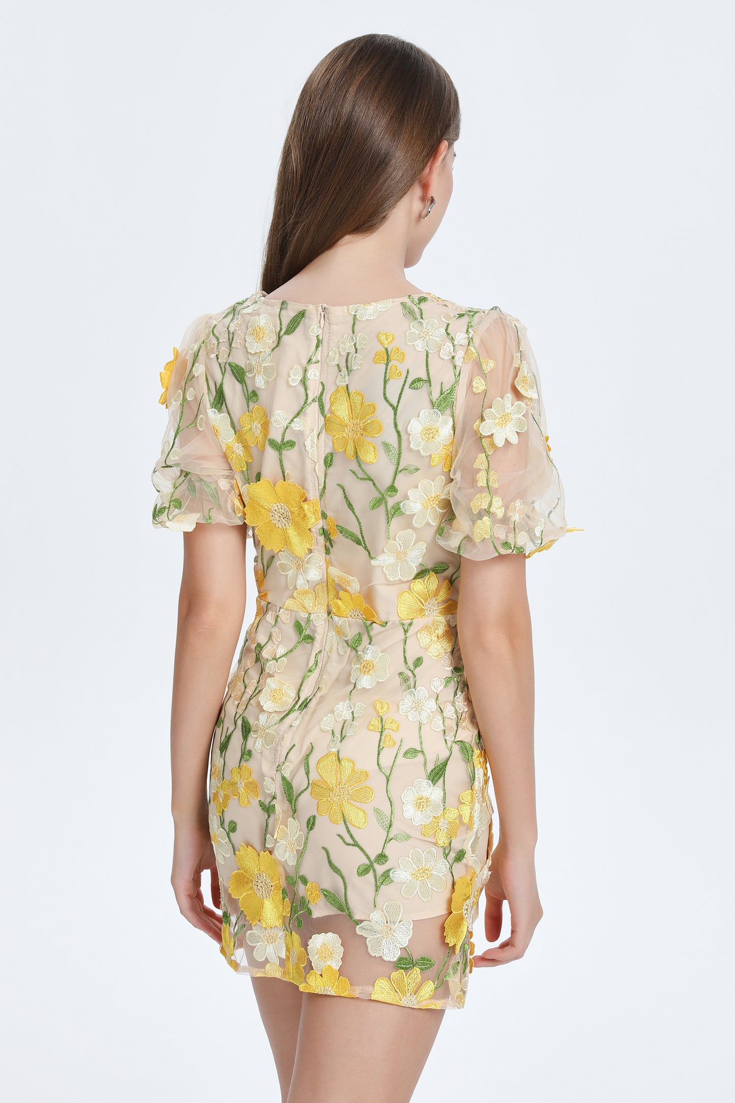 Women's 3D Floral V-Neck Lace Mesh Mini Dress