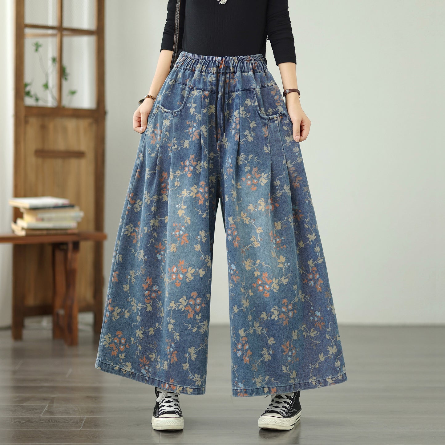 Women's Loose Elastic Waist Wide Leg Denim