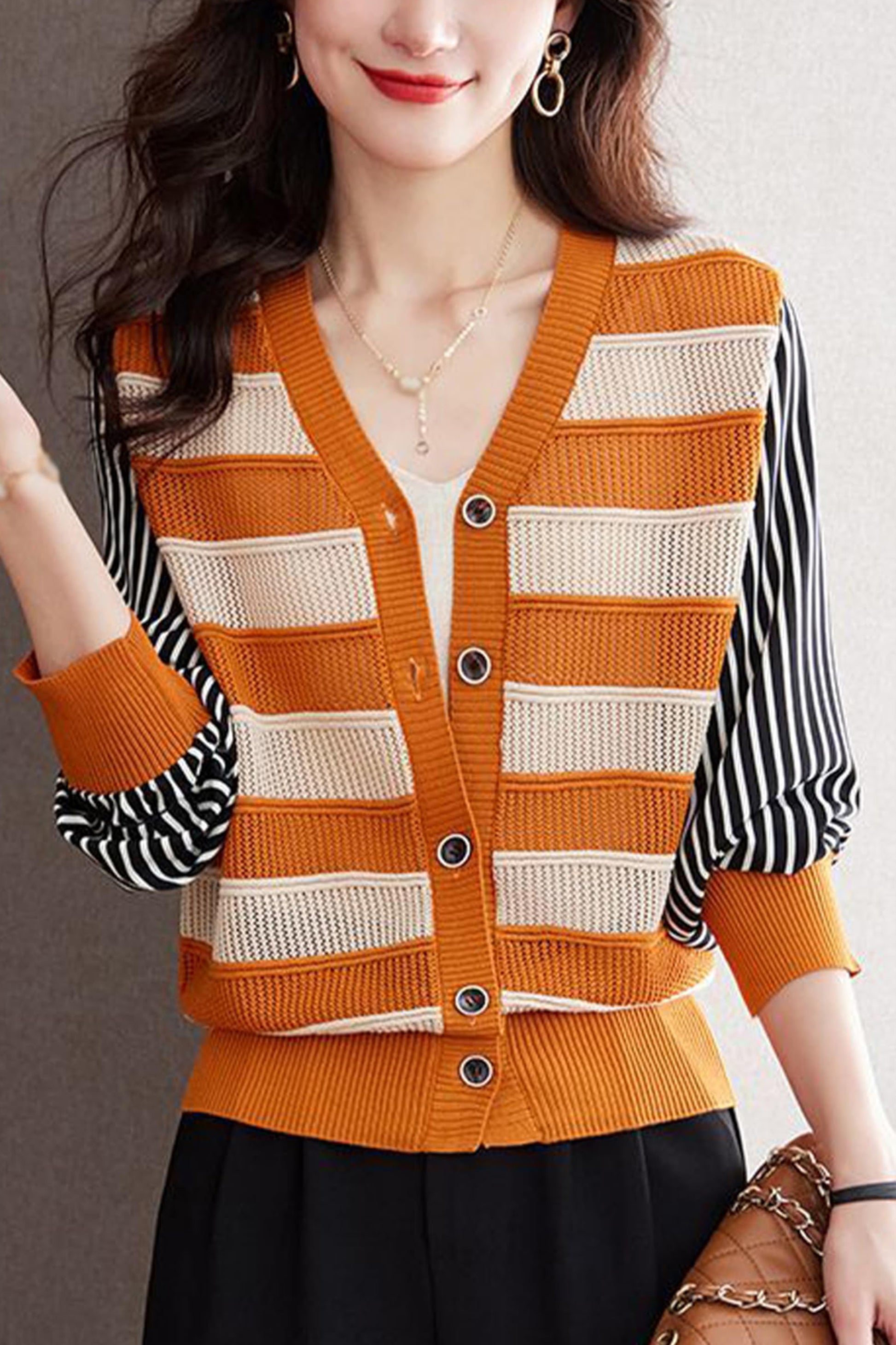 BK-Striped Cardigan Button Fashion Casual Tops - LAI MENG FIVE CATS