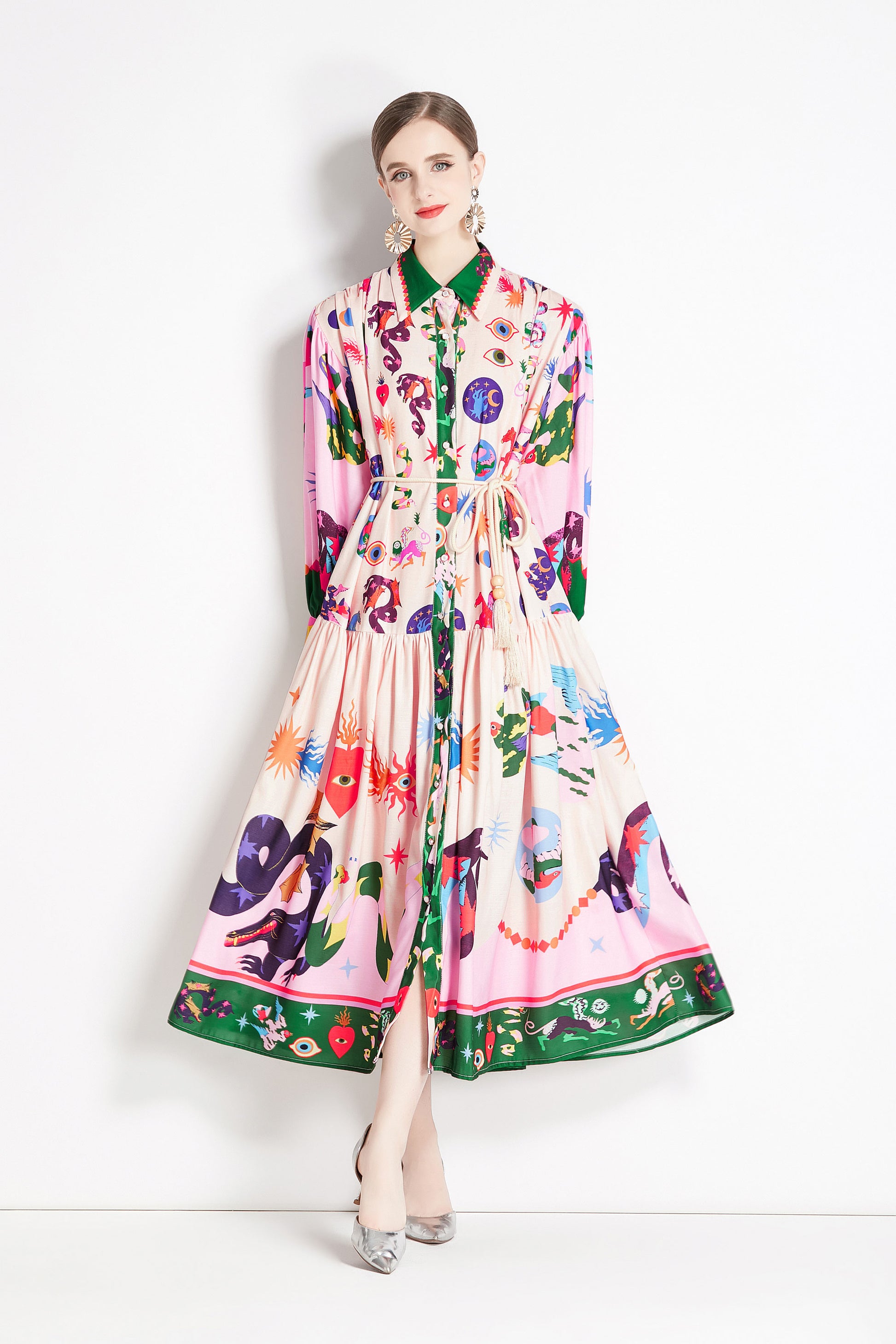 BK-Floral Print Casual Button Maxi Dress - LAI MENG FIVE CATS