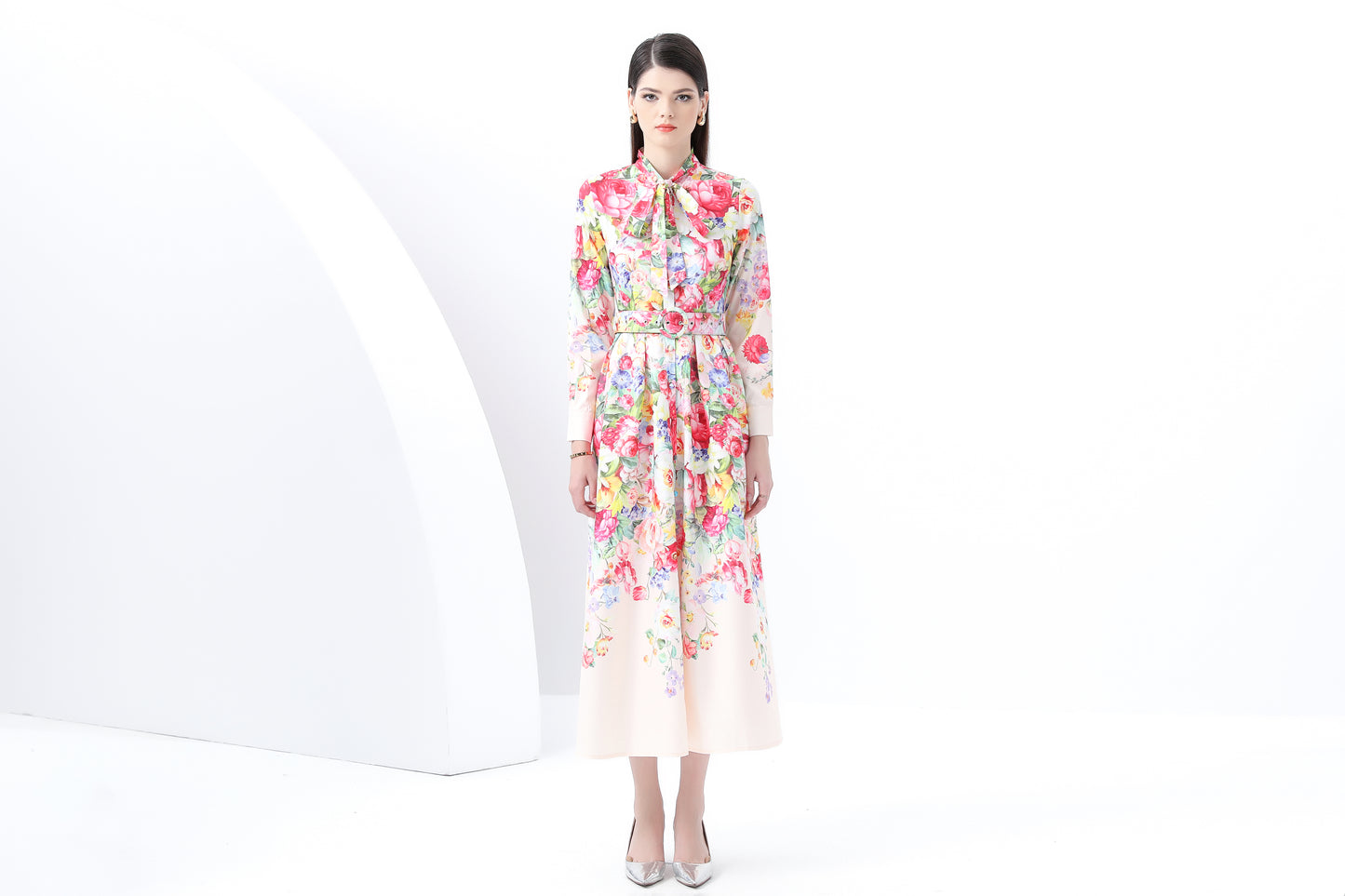 BK-Floral print Tie Neck Maxi Dress