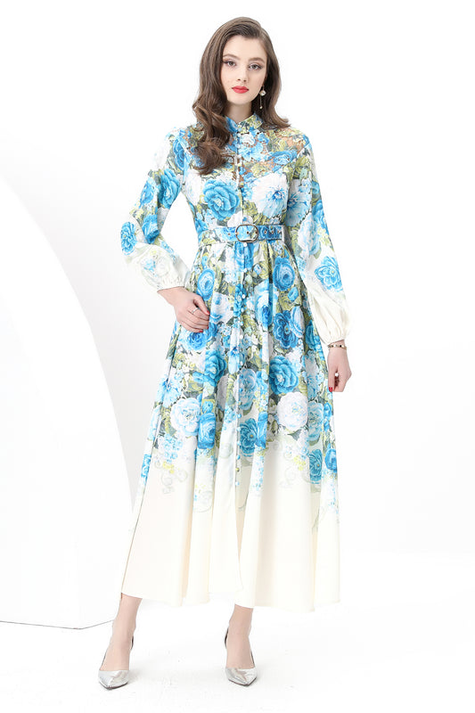 Women's Floral Print Lace Puff Sleeve Maxi Dress