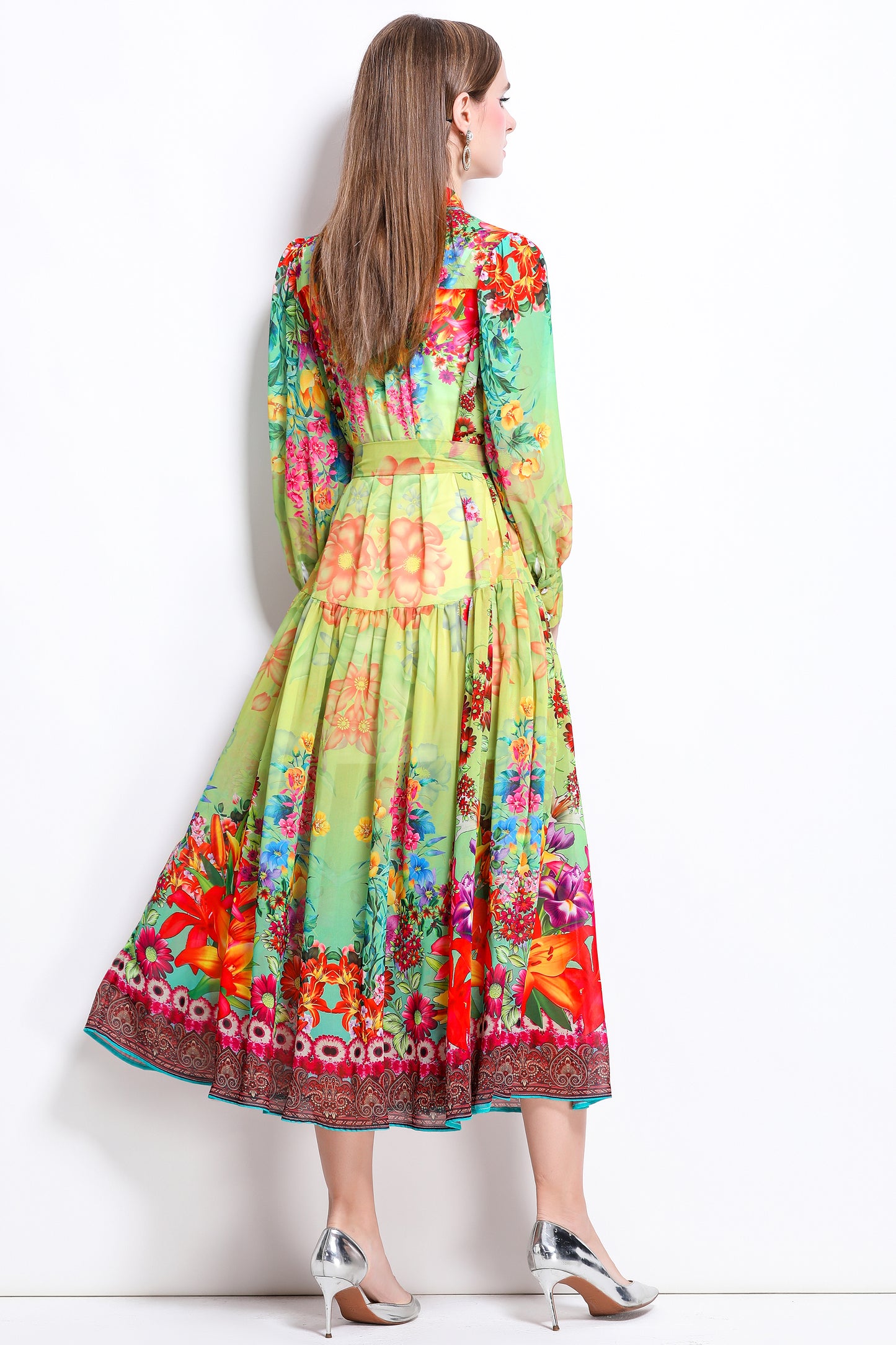 Women Floral Print Puff Sleeve Split Sheer Maxi Dress