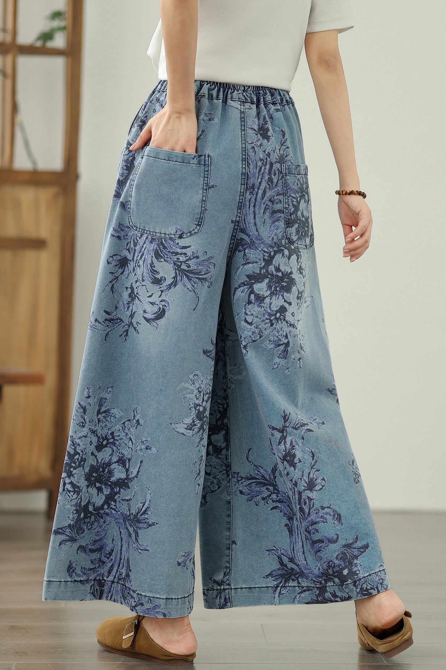 Women's Elastic Waist Wide Leg Denim Pants