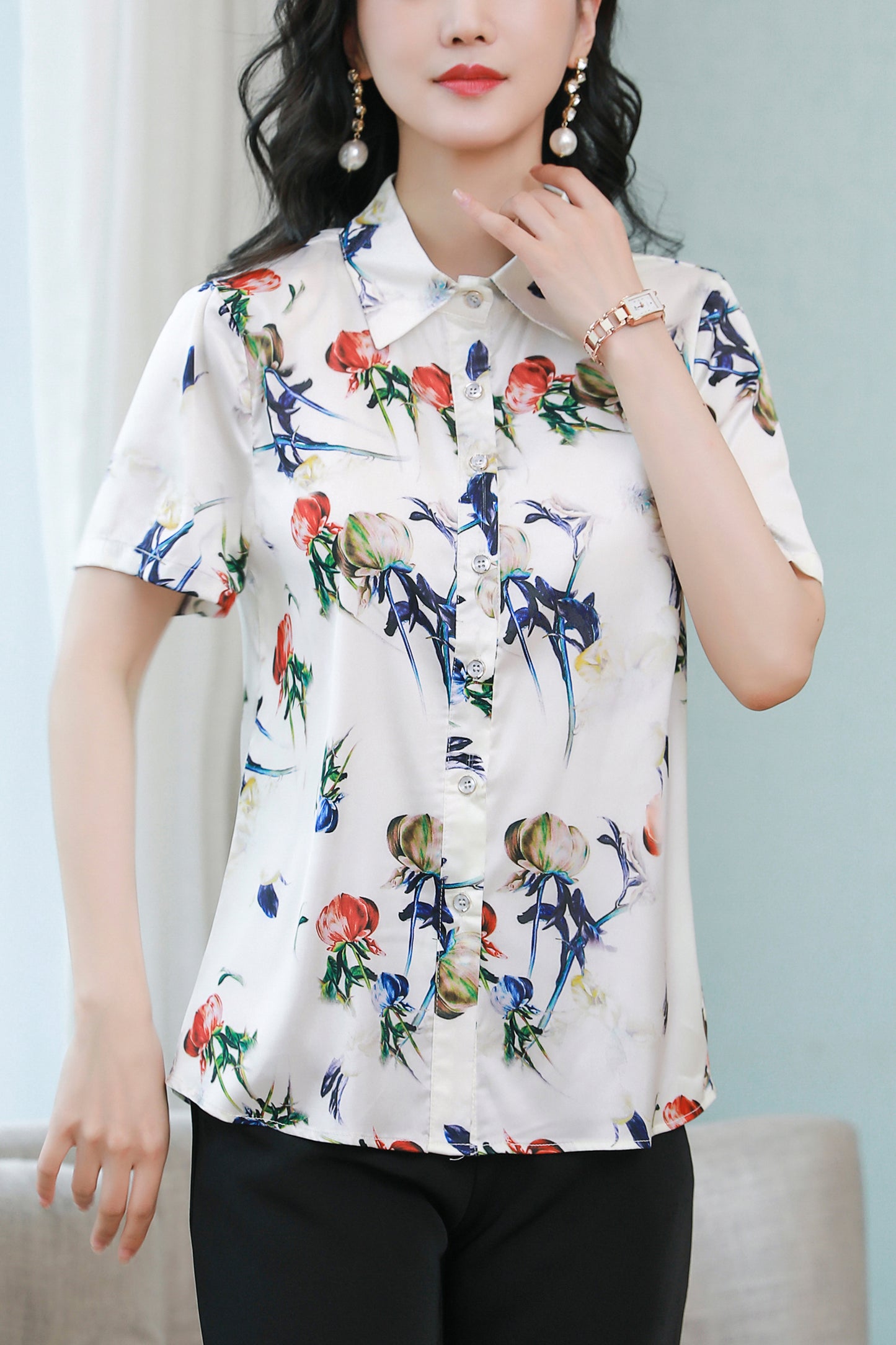 Women's Stain Floral Print Blouse Short Sleeve Tops